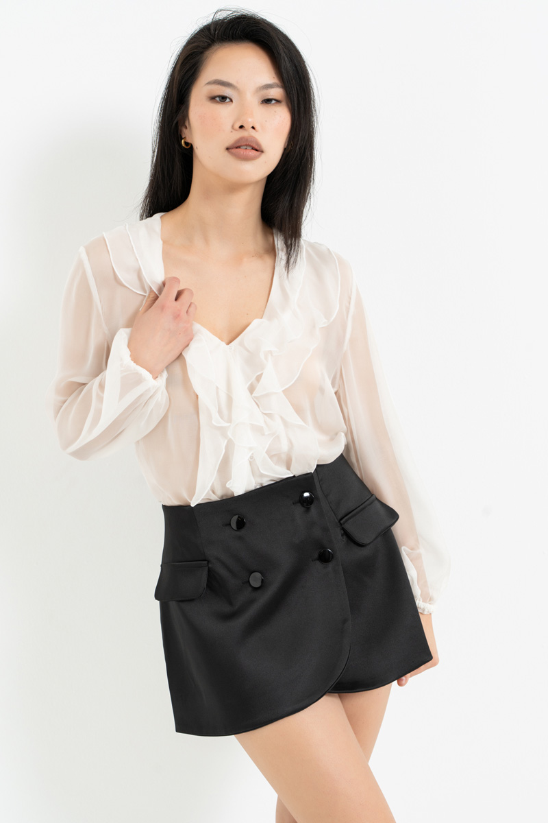 Siyah Astarlı Düğmeli Anvelop Mini Etek