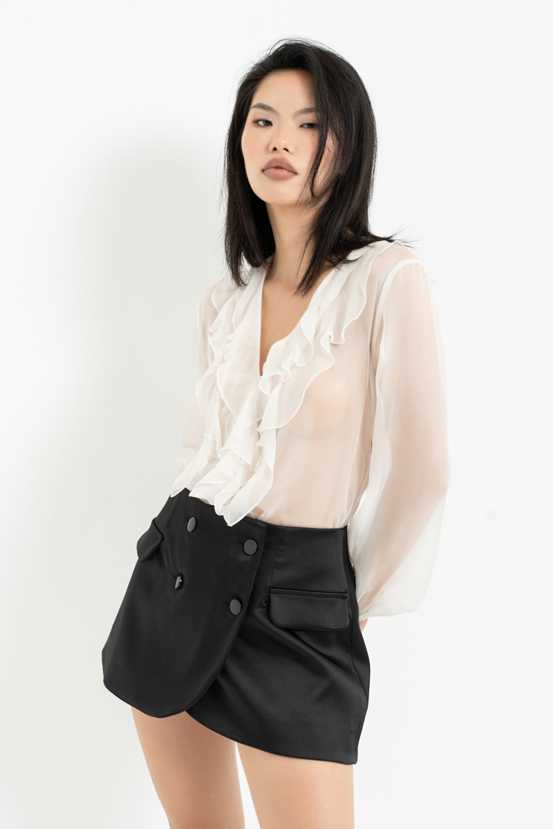 Siyah Astarlı Düğmeli Anvelop Mini Etek