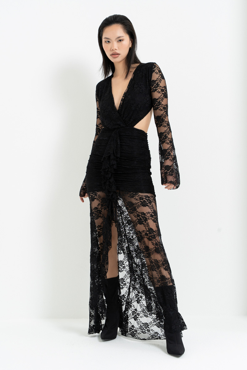 Siyah V Yaka Bel Dekolteli Dantel Elbise