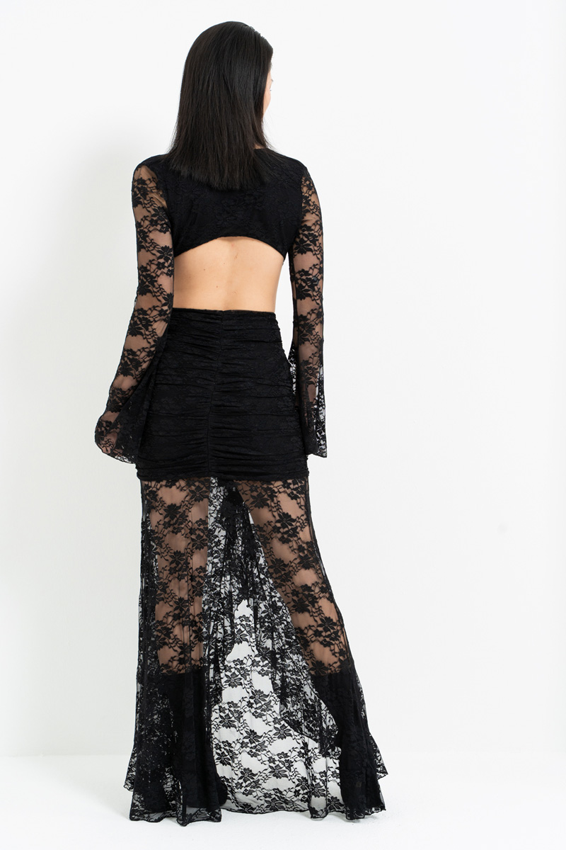 Siyah V Yaka Bel Dekolteli Dantel Elbise