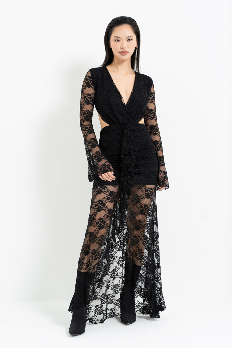 Siyah V Yaka Bel Dekolteli Dantel Elbise