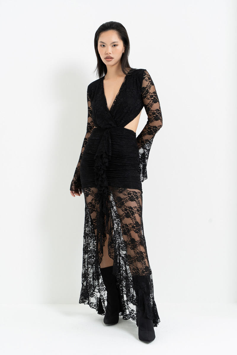 Siyah V Yaka Bel Dekolteli Dantel Elbise