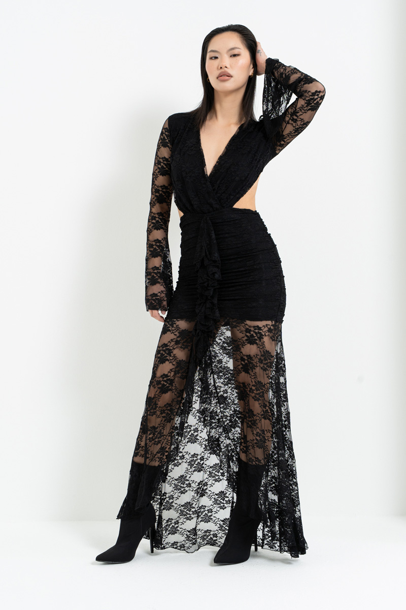 Siyah V Yaka Bel Dekolteli Dantel Elbise