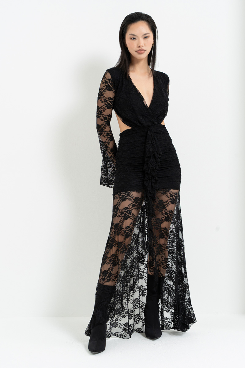 Siyah V Yaka Bel Dekolteli Dantel Elbise