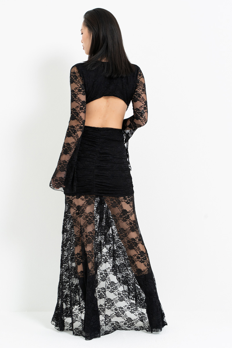 Siyah V Yaka Bel Dekolteli Dantel Elbise