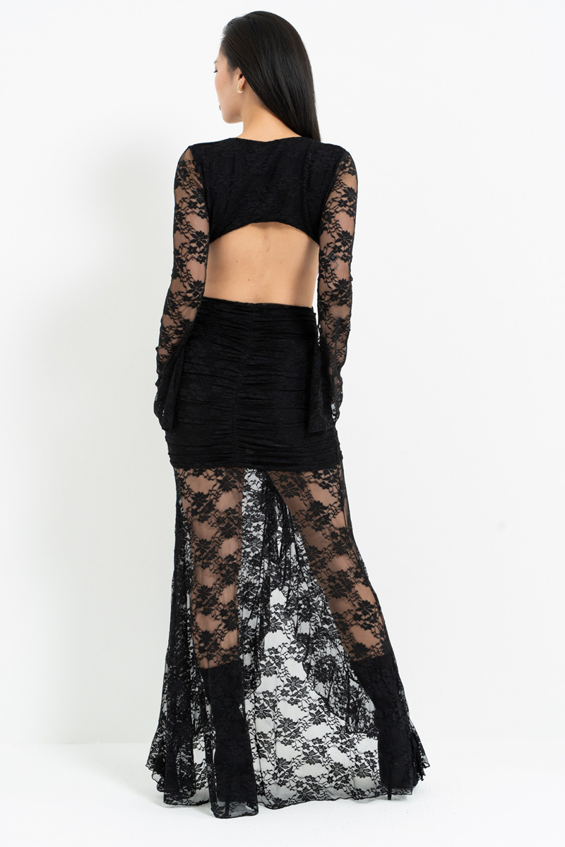 Siyah V Yaka Bel Dekolteli Dantel Elbise