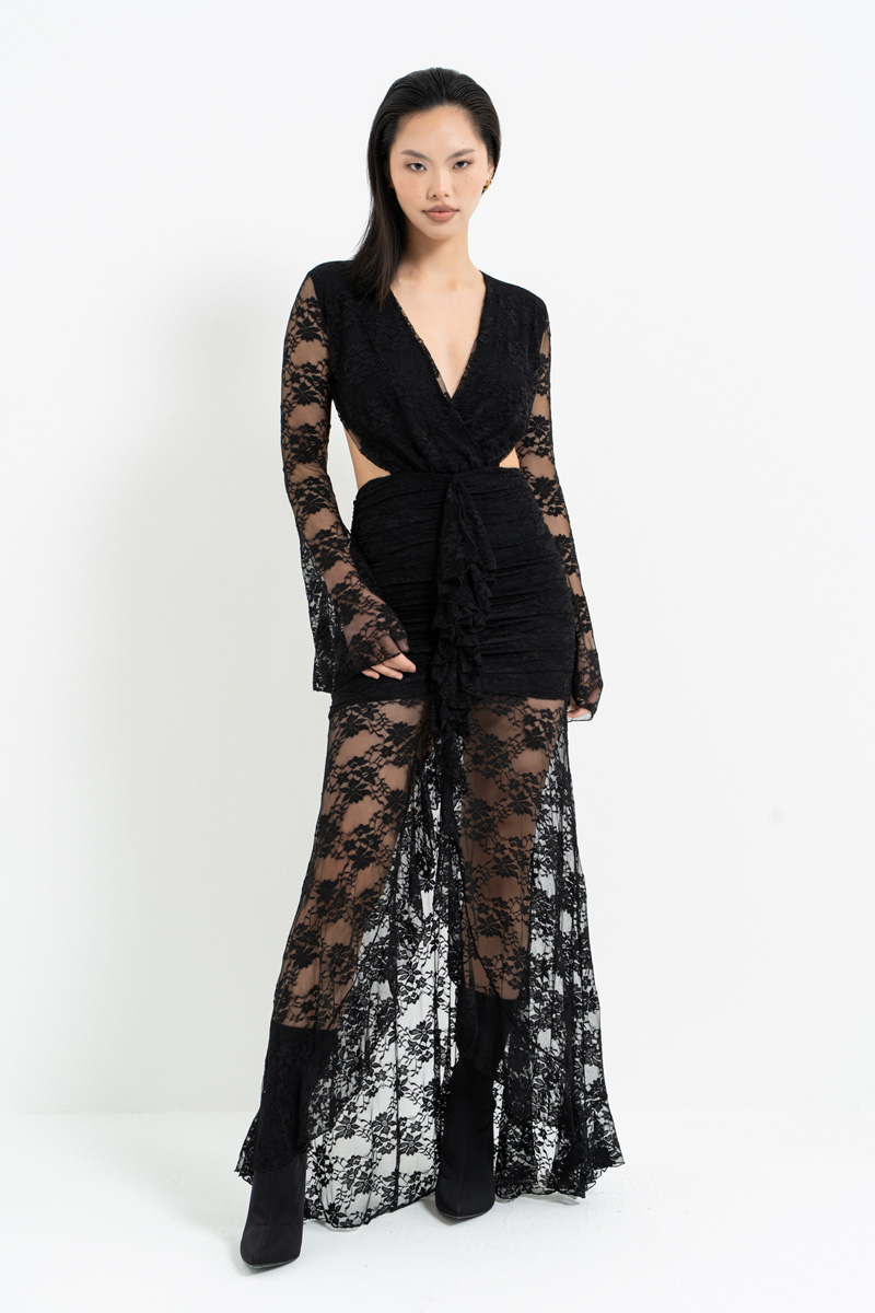 Siyah V Yaka Bel Dekolteli Dantel Elbise