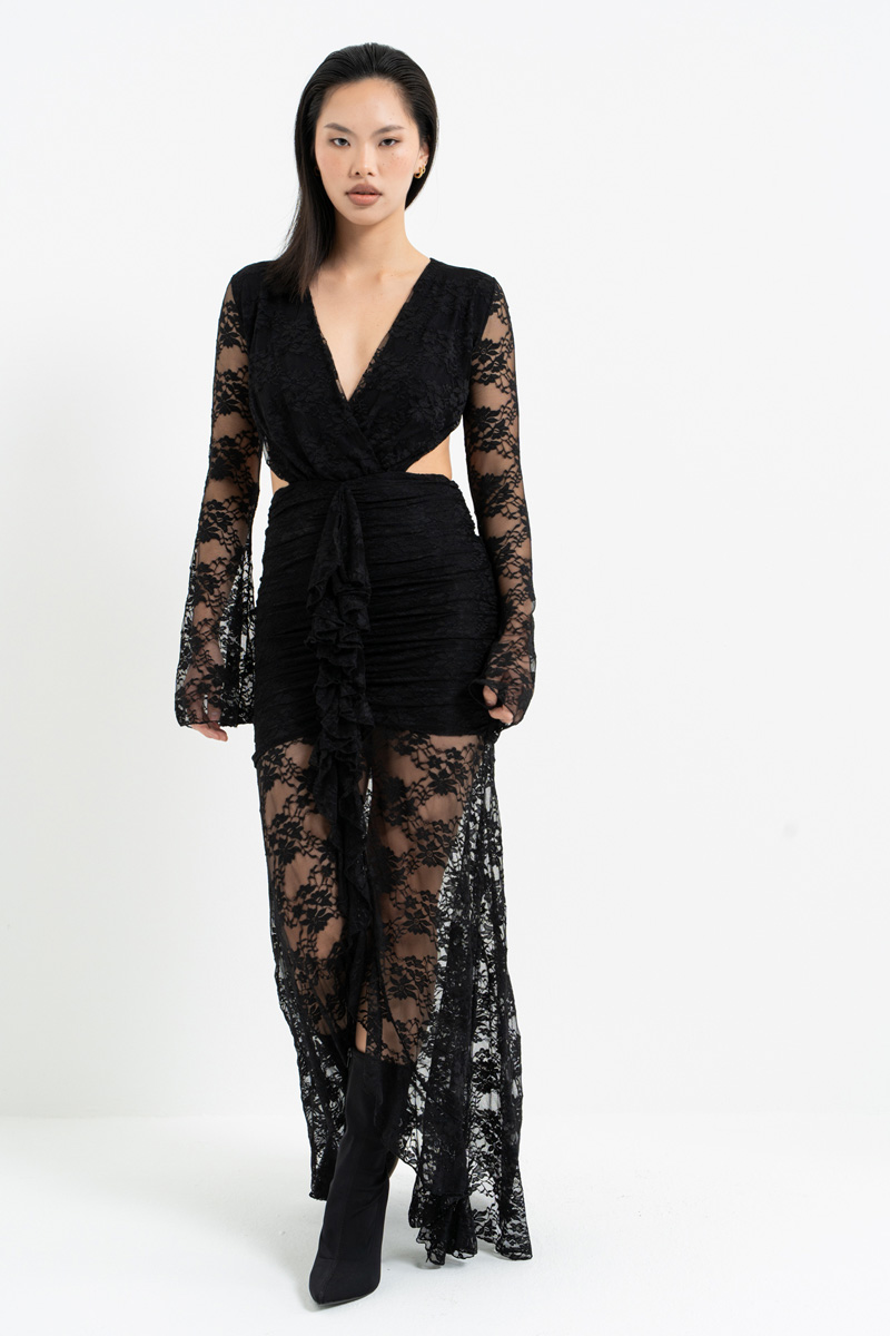 Siyah V Yaka Bel Dekolteli Dantel Elbise