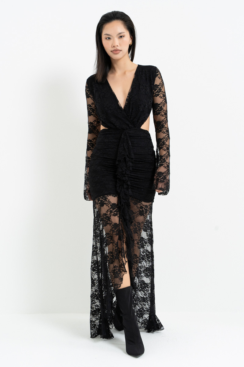 Siyah V Yaka Bel Dekolteli Dantel Elbise