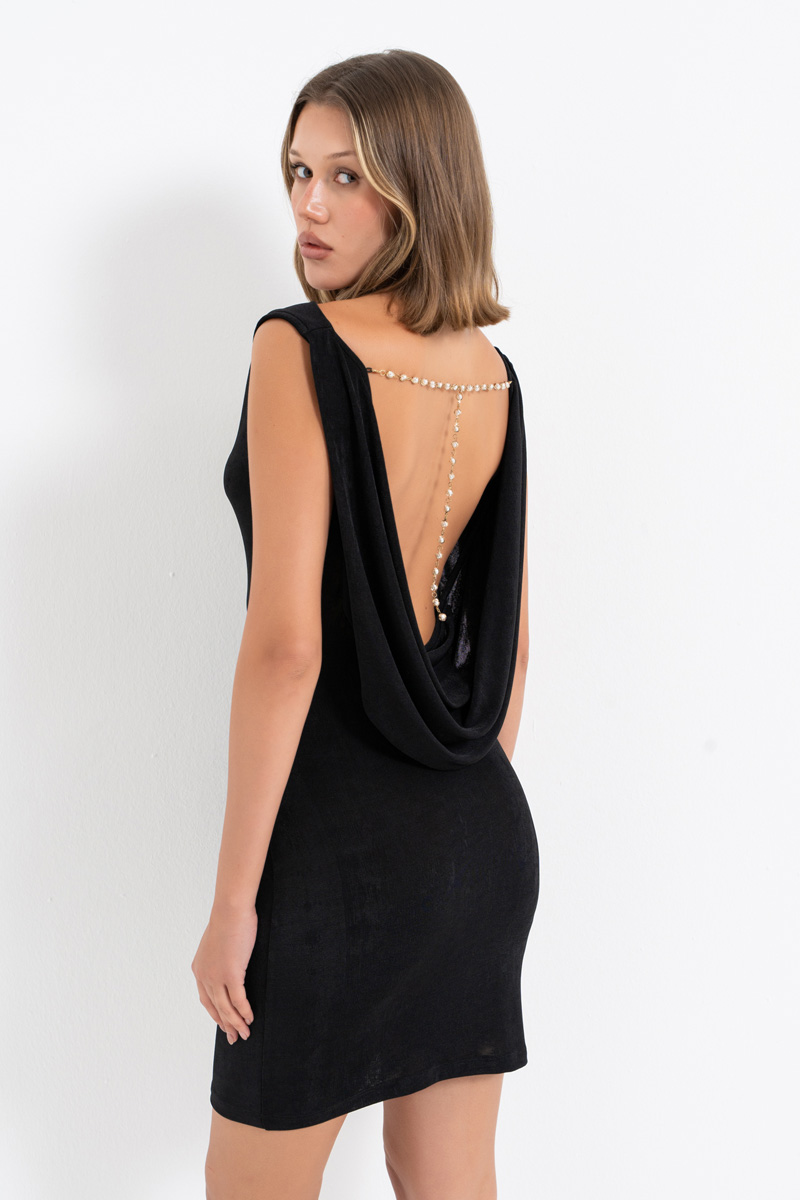 Black Mini Dress with Detachable Faux Pearl Chain