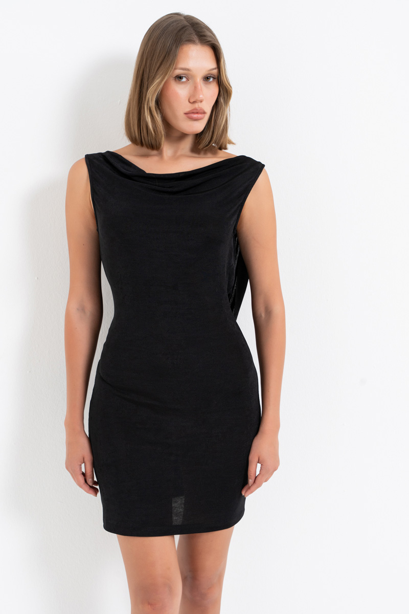 Black Mini Dress with Detachable Faux Pearl Chain