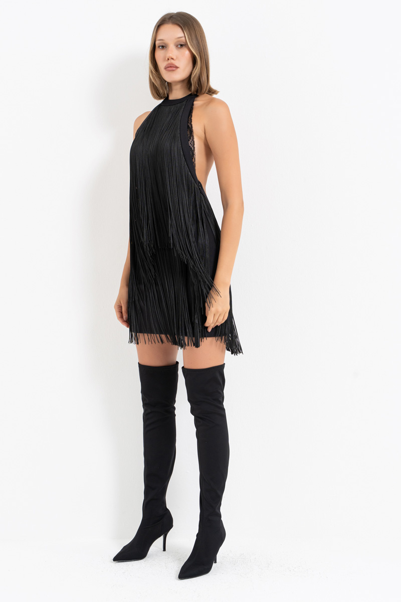 Black Backless Fringed Mini Dress with Hidden Zip