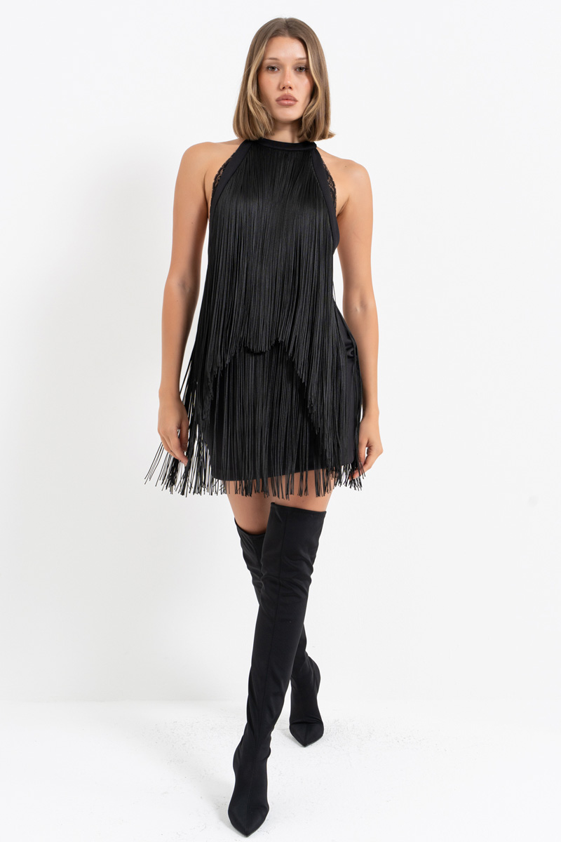Black Backless Fringed Mini Dress with Hidden Zip