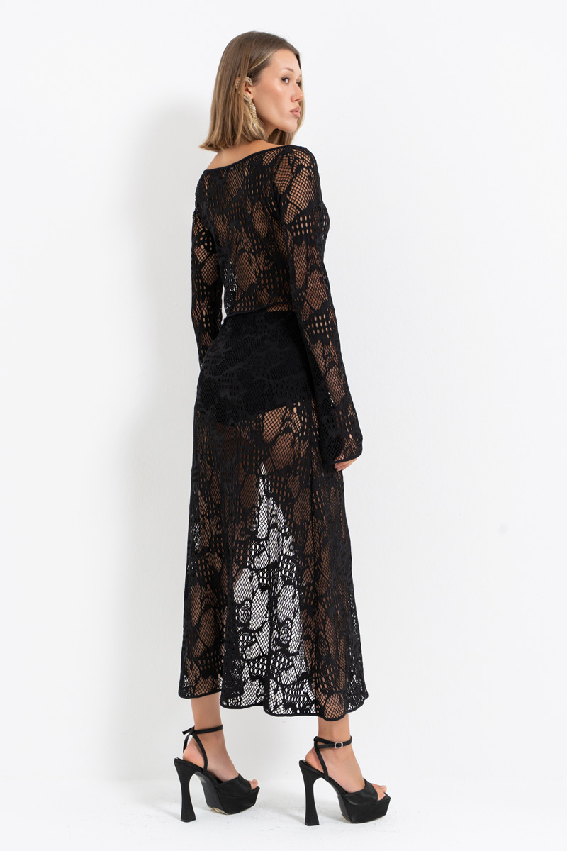 Sheer Black Net High-Slit Dress