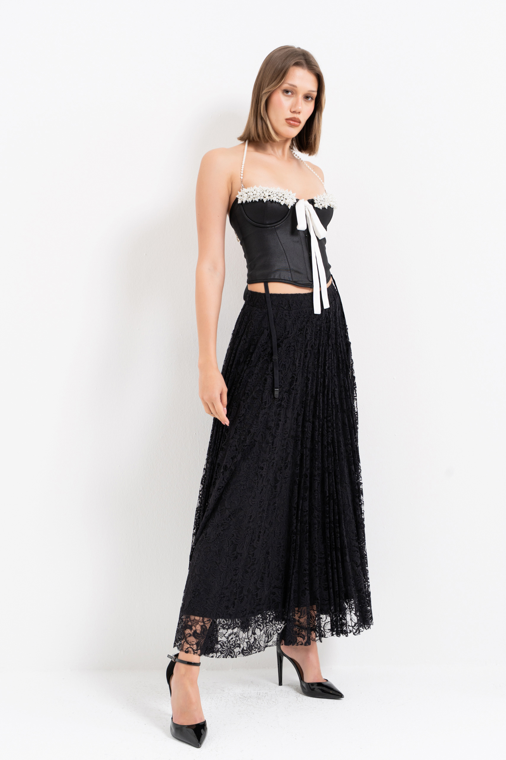 Black Pleated Lace Skirt with Elasticated Waist