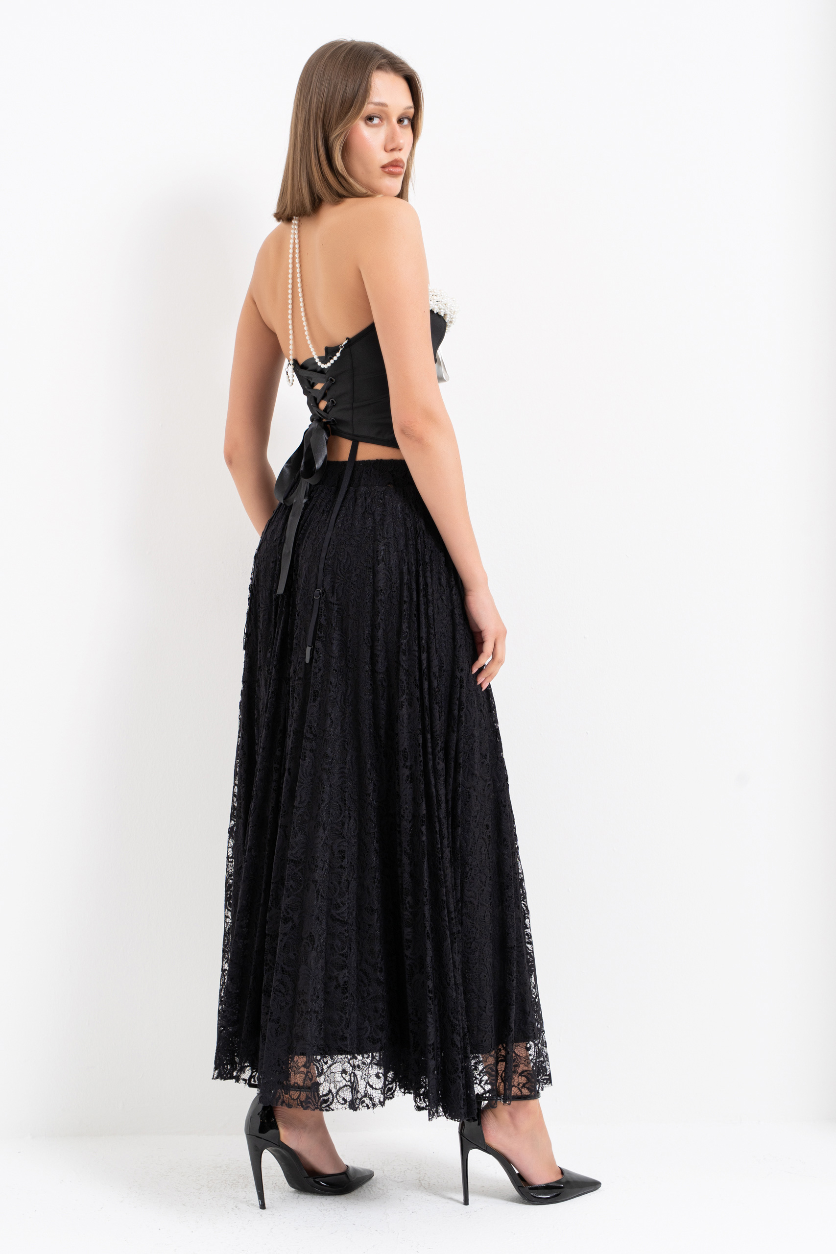 Black Pleated Lace Skirt with Elasticated Waist