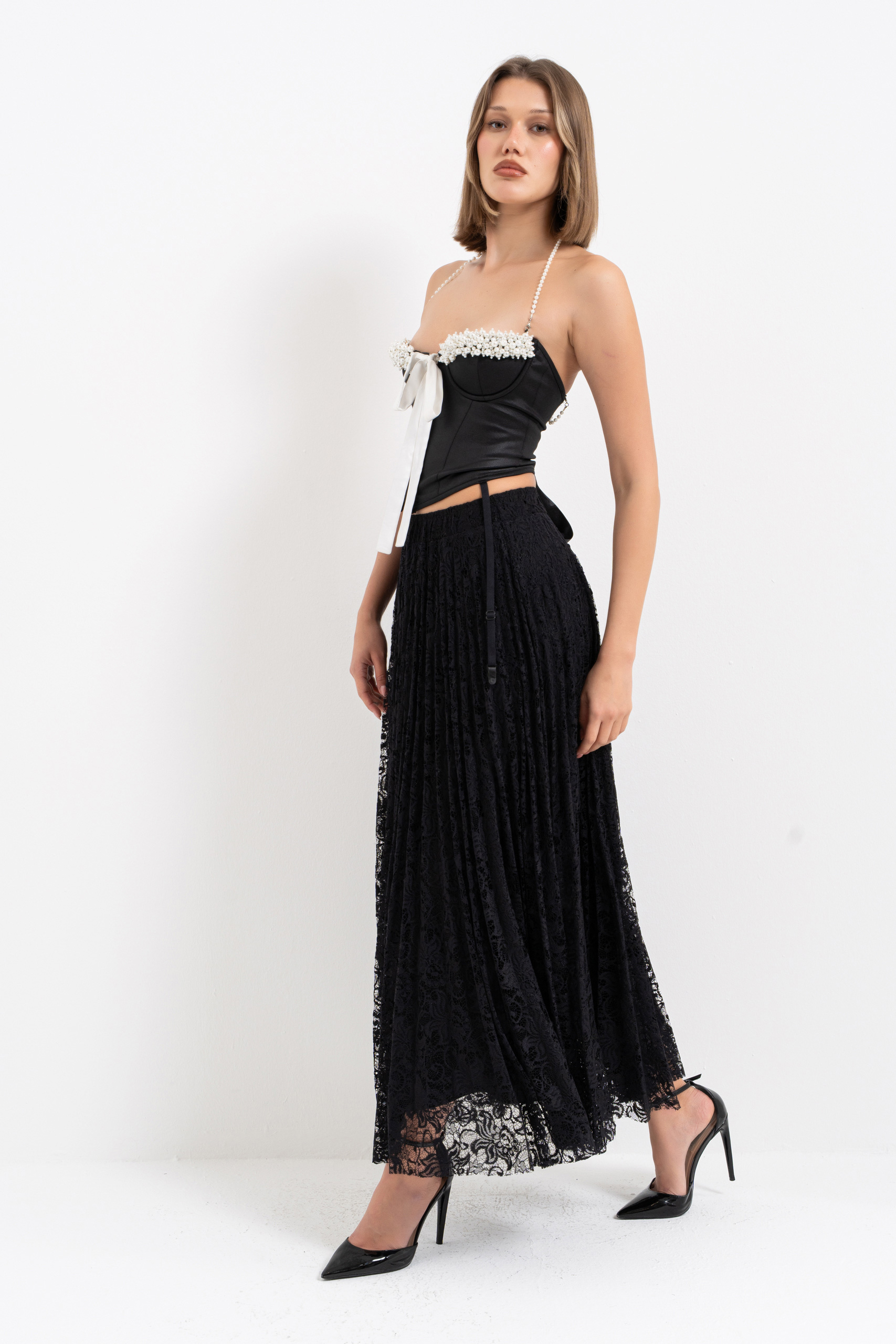 Black Pleated Lace Skirt with Elasticated Waist
