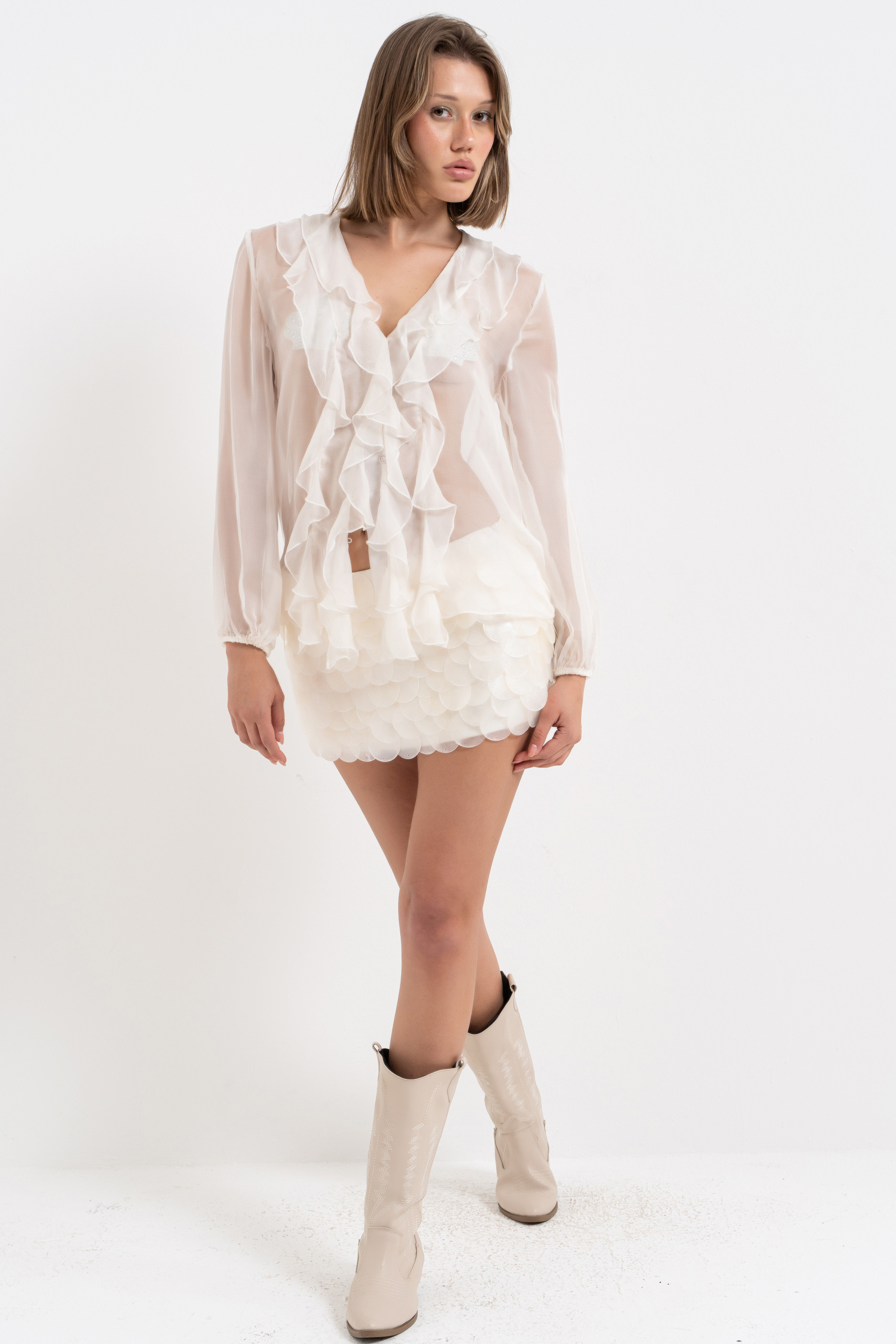 Off white Volan Detaylı Tül Gömlek