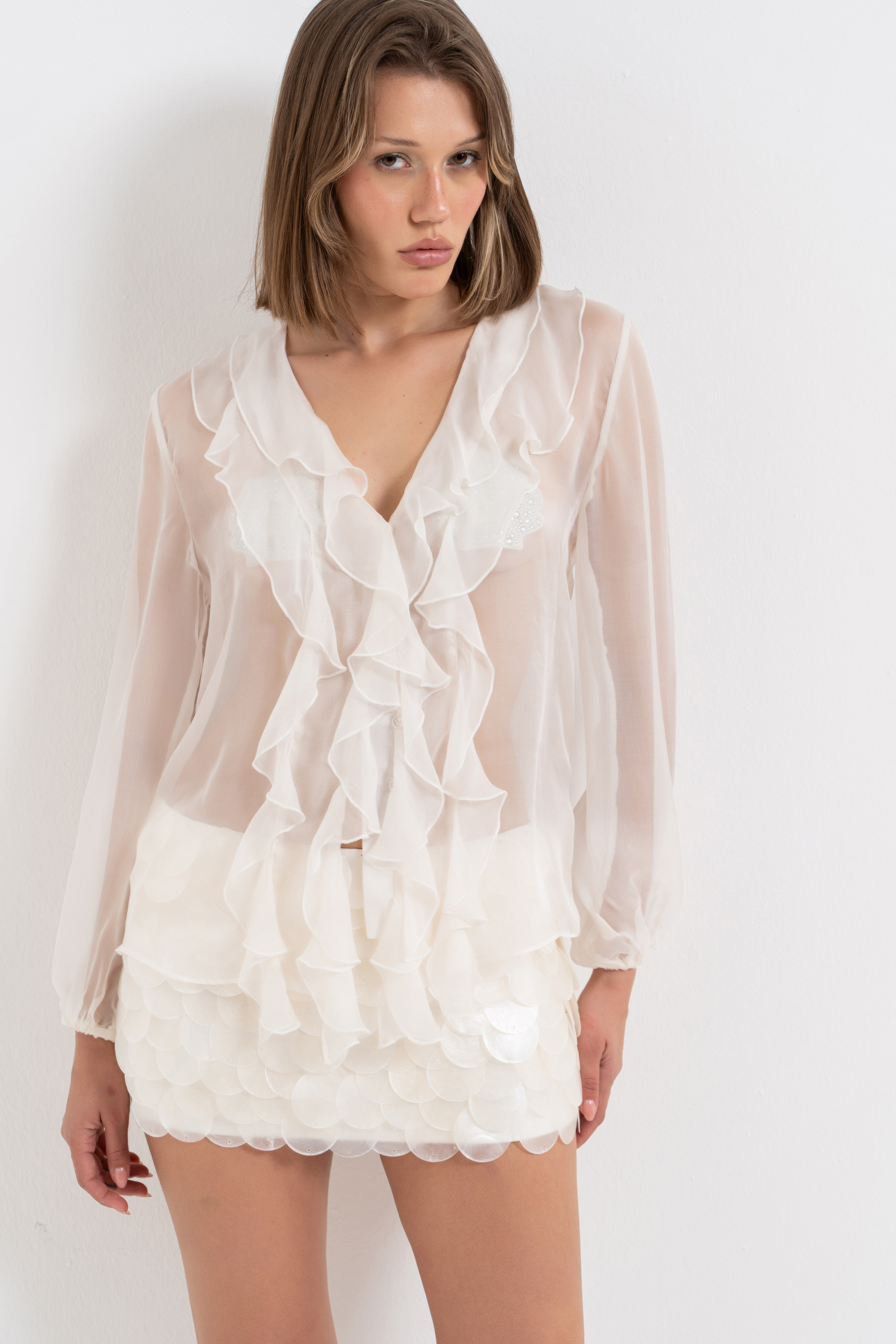 Off white Volan Detaylı Tül Gömlek