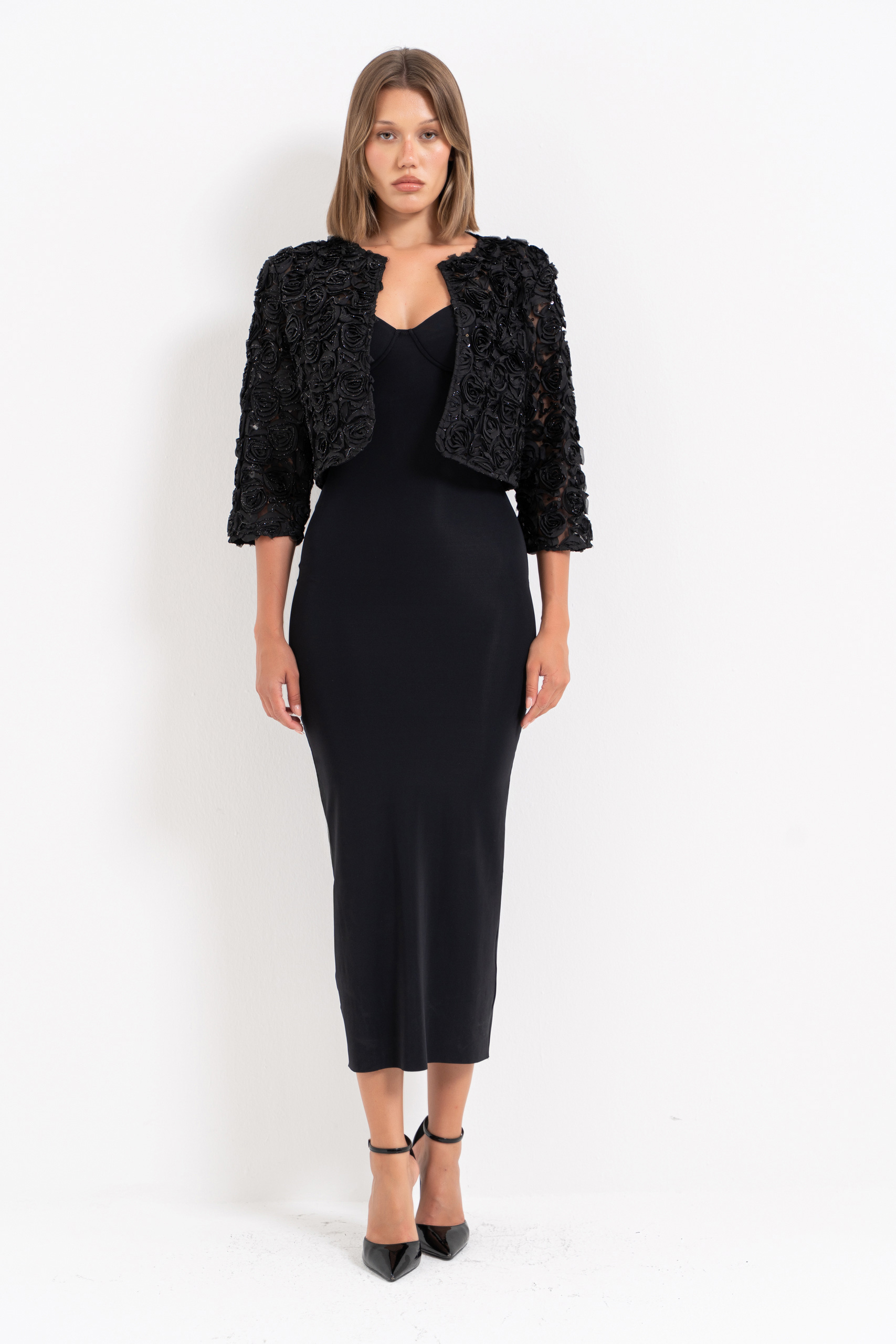 Glittery Black Three-Quarter Sleeve Rose-Accent Jacket