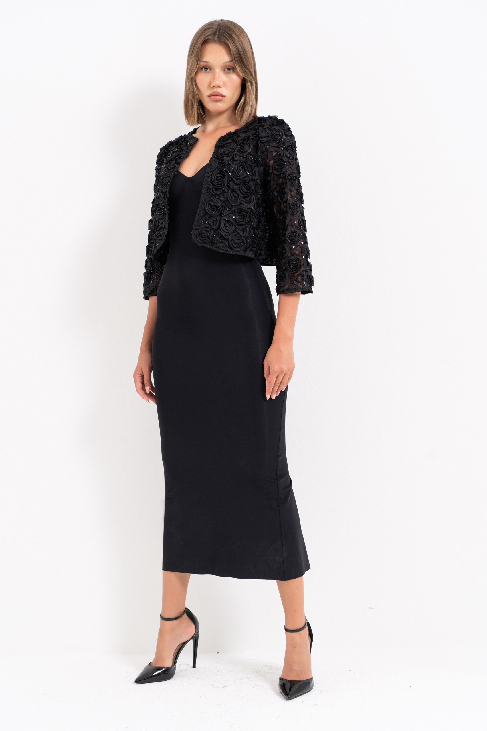 Glittery Black Three-Quarter Sleeve Rose-Accent Jacket
