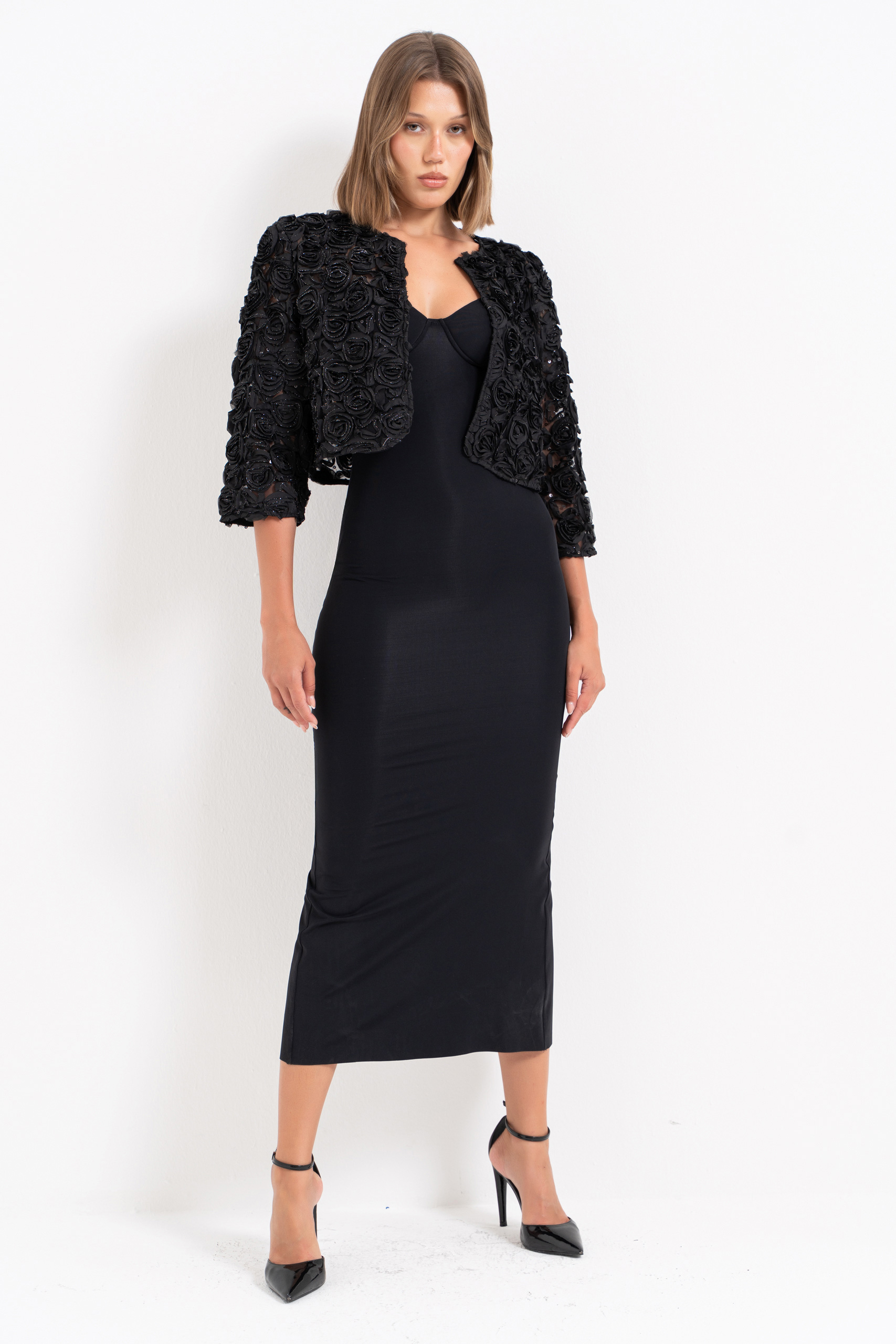 Glittery Black Three-Quarter Sleeve Rose-Accent Jacket