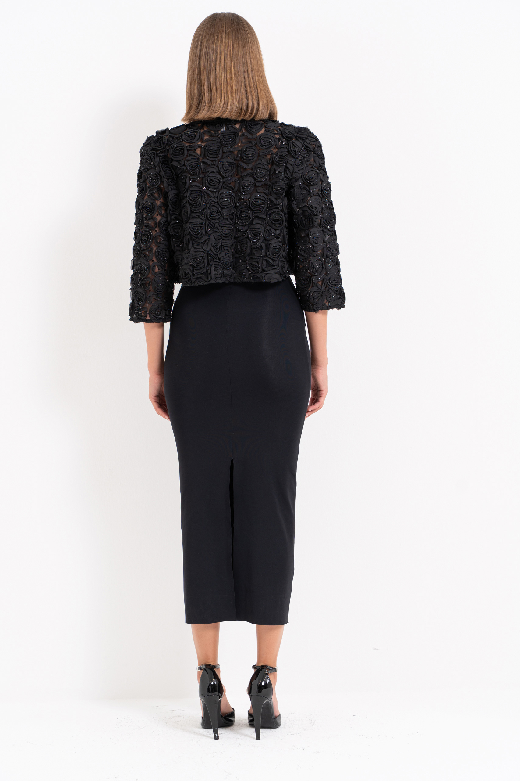Glittery Black Three-Quarter Sleeve Rose-Accent Jacket
