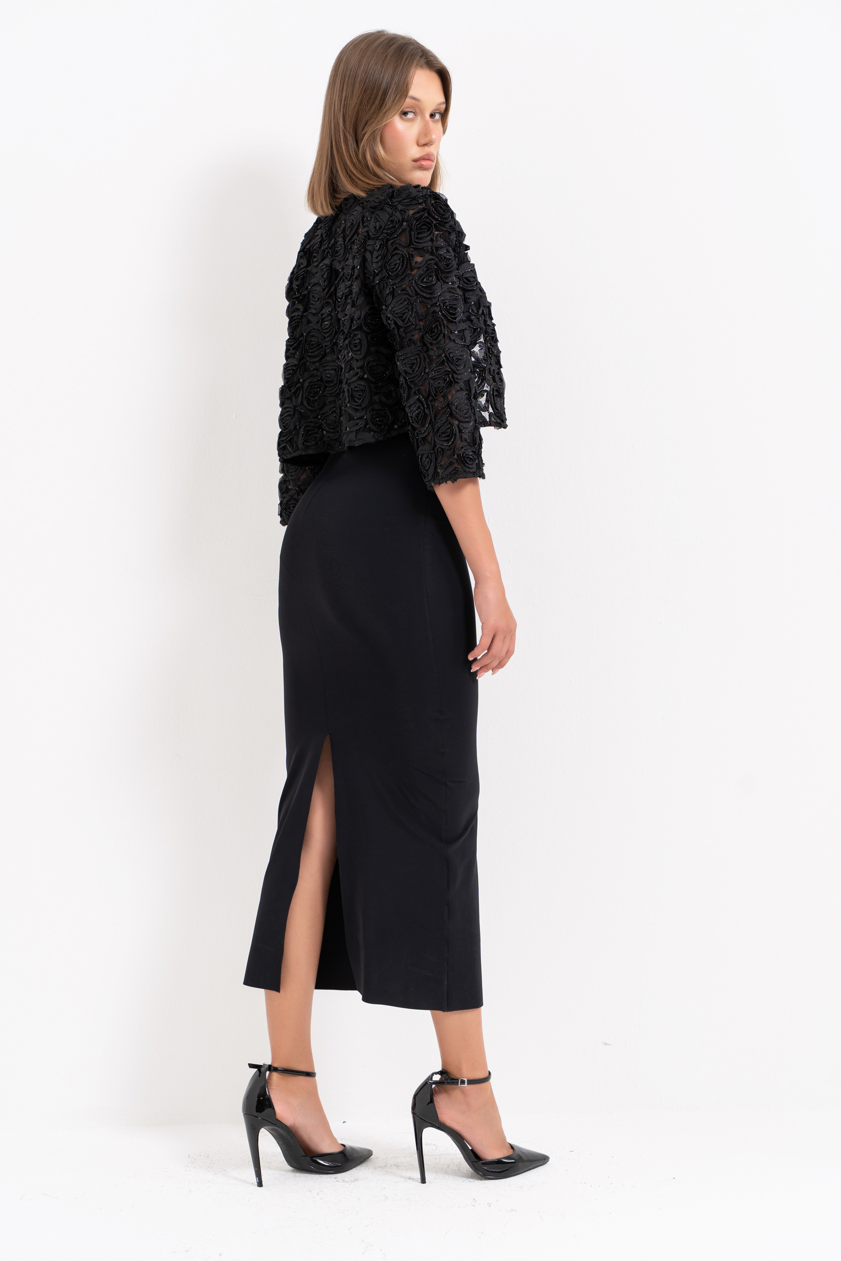 Glittery Black Three-Quarter Sleeve Rose-Accent Jacket