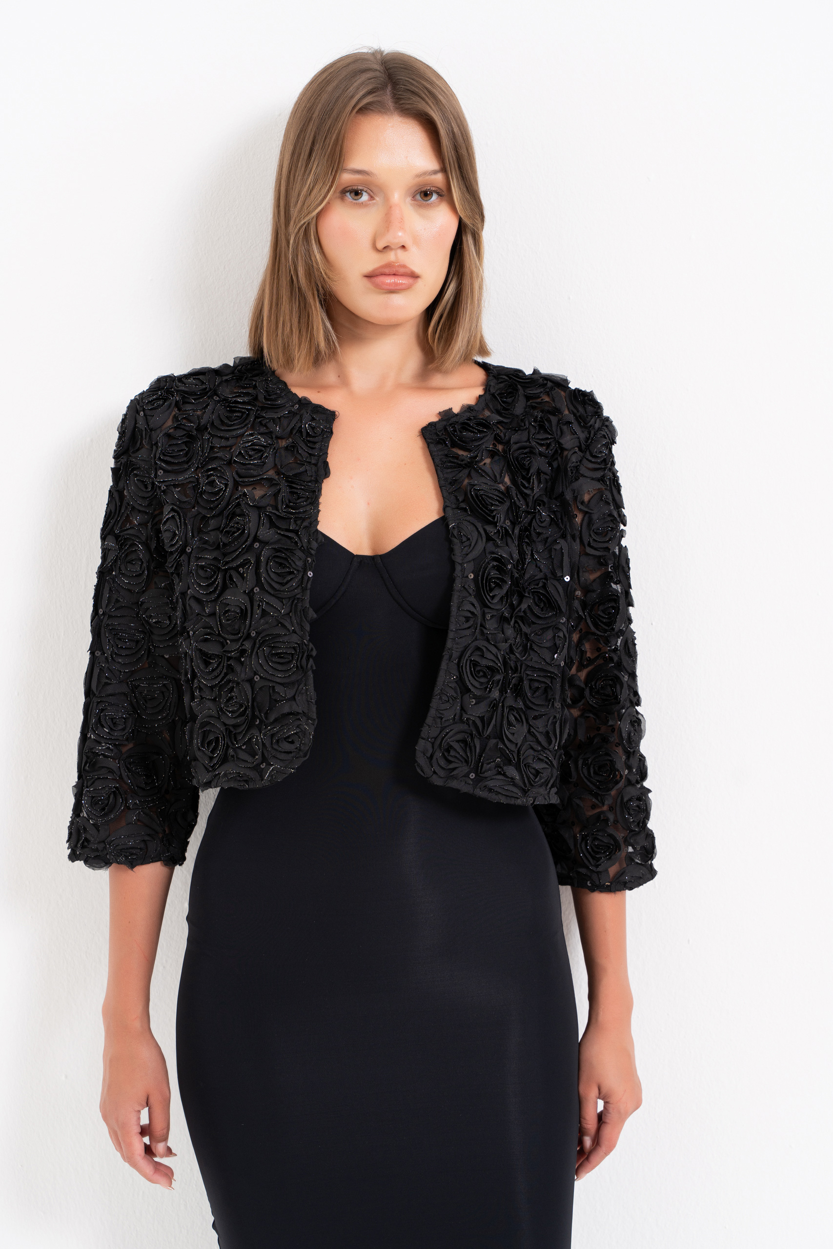 Glittery Black Three-Quarter Sleeve Rose-Accent Jacket