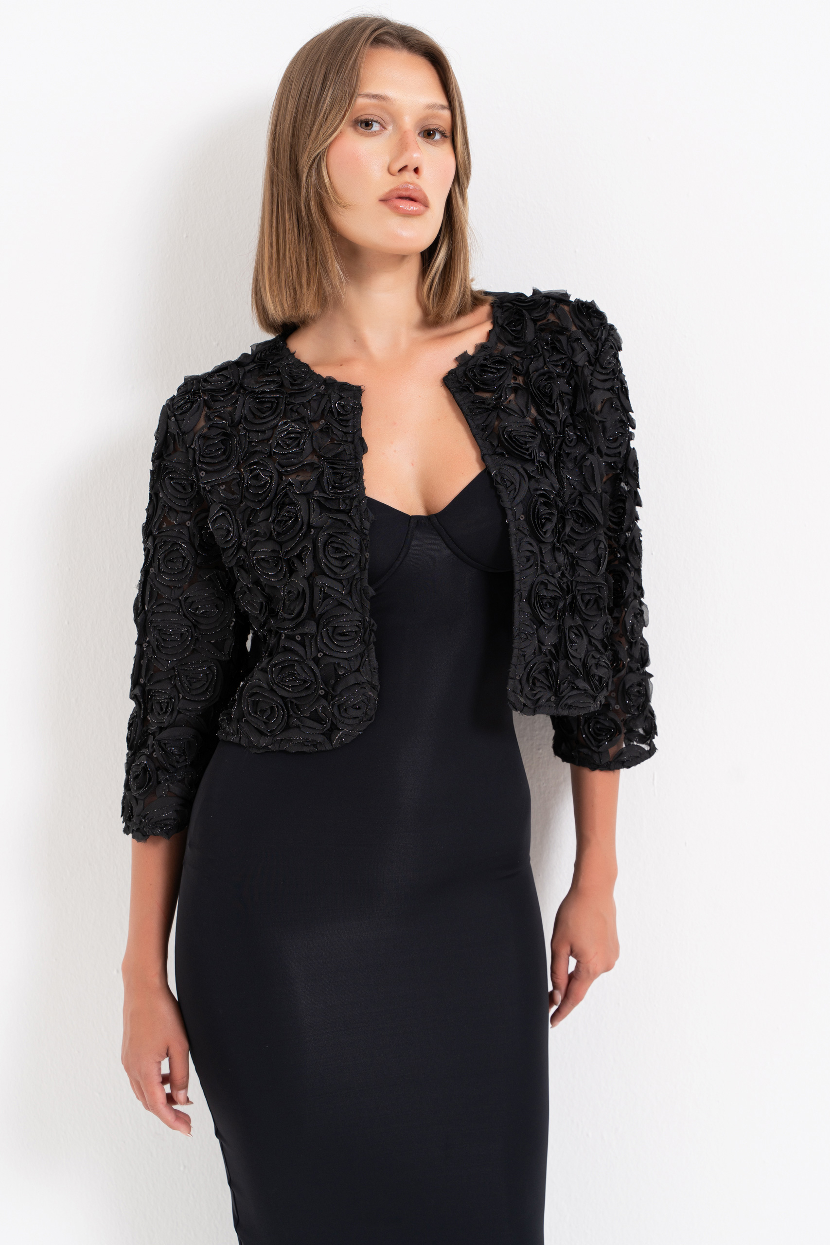 Glittery Black Three-Quarter Sleeve Rose-Accent Jacket
