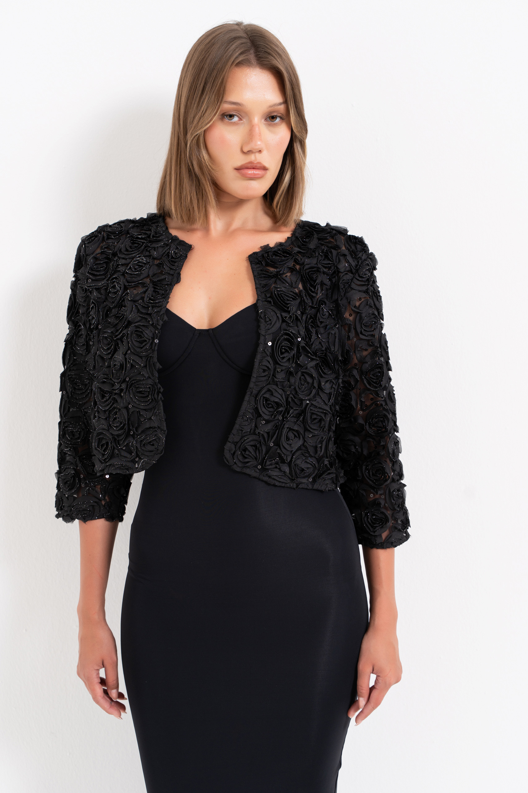 Glittery Black Three-Quarter Sleeve Rose-Accent Jacket