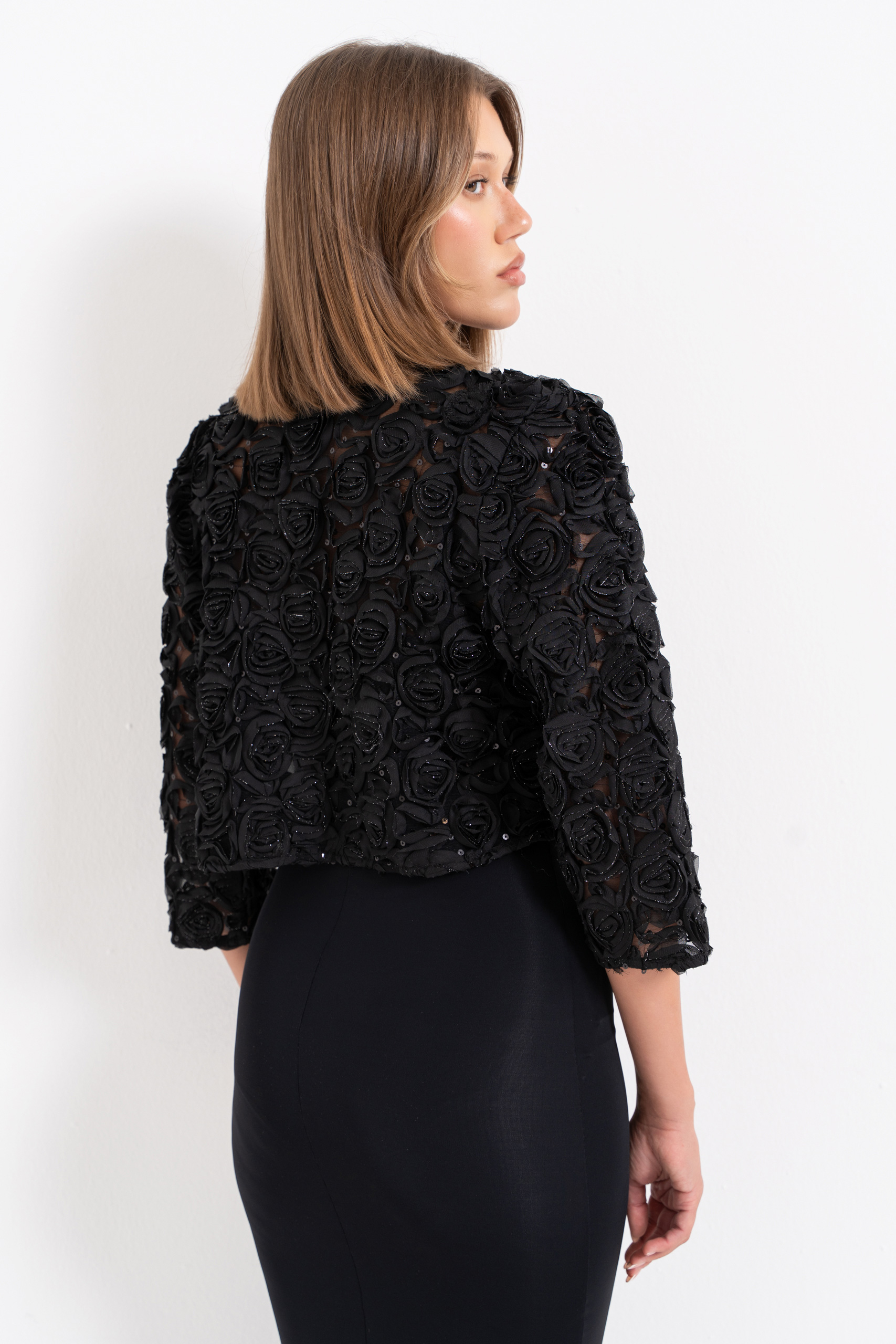 Glittery Black Three-Quarter Sleeve Rose-Accent Jacket