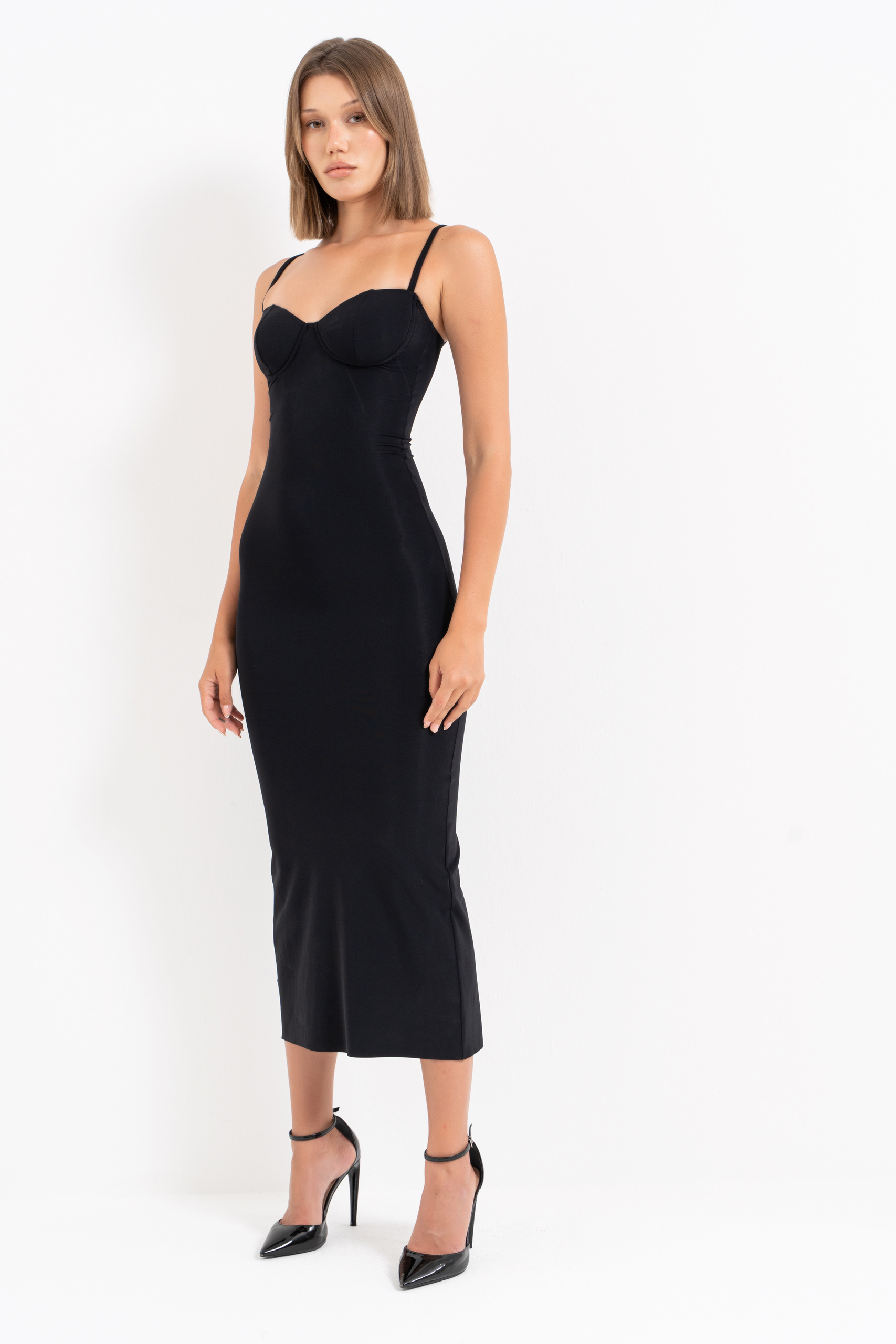 Black Split-Back Bodycon Midi Dress with Padded Cups