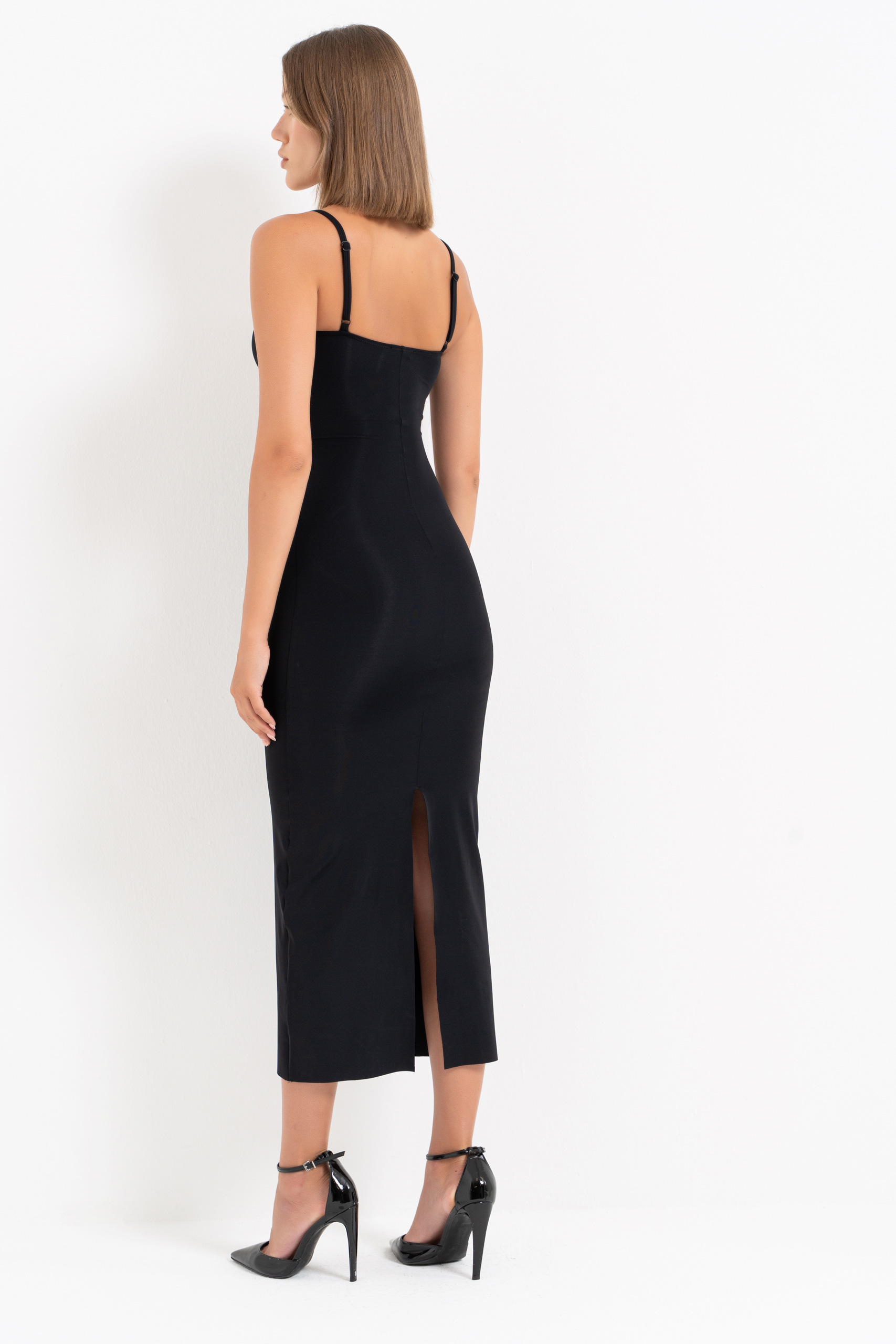 Black Split-Back Bodycon Midi Dress with Padded Cups