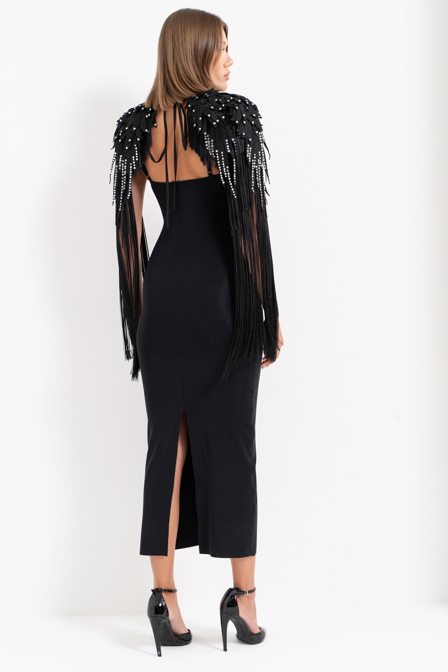 Black Split-Back Bodycon Midi Dress with Padded Cups