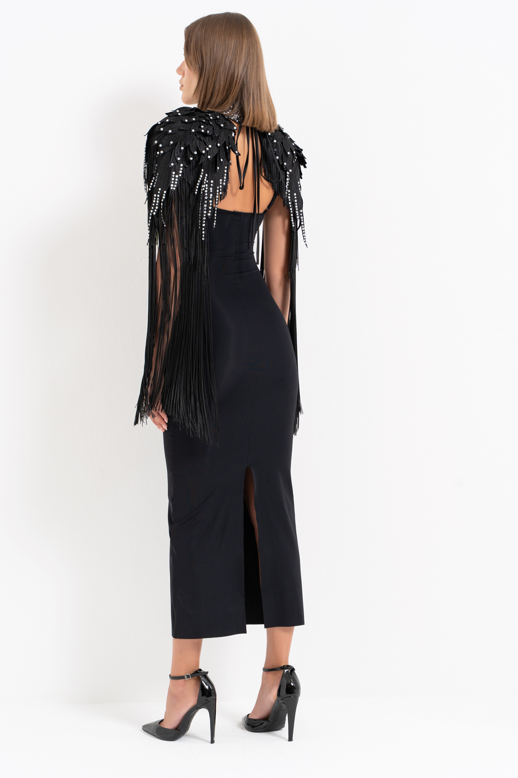 Black Split-Back Bodycon Midi Dress with Padded Cups