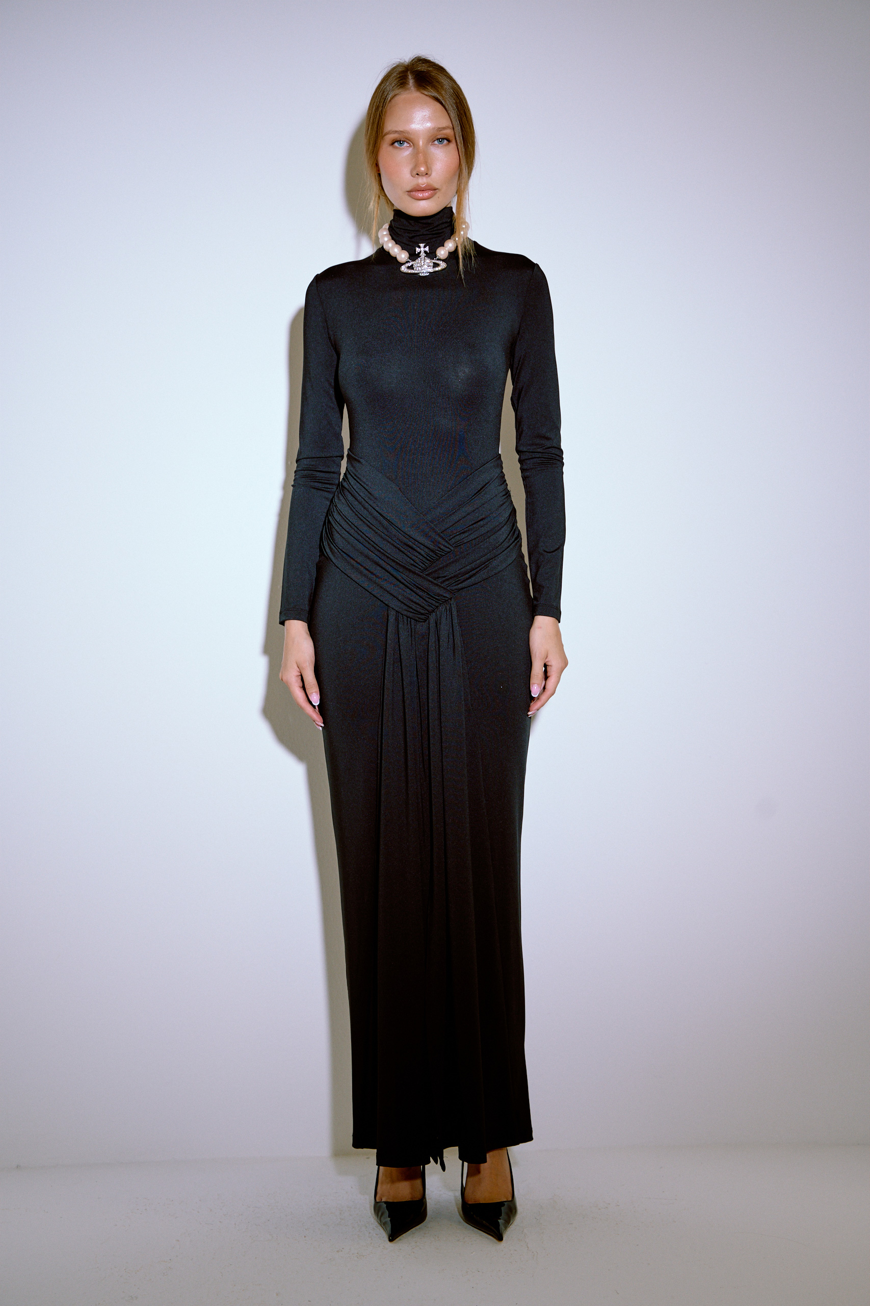 Black Mock Neck Split-Front Maxi Dress with Hidden Zip