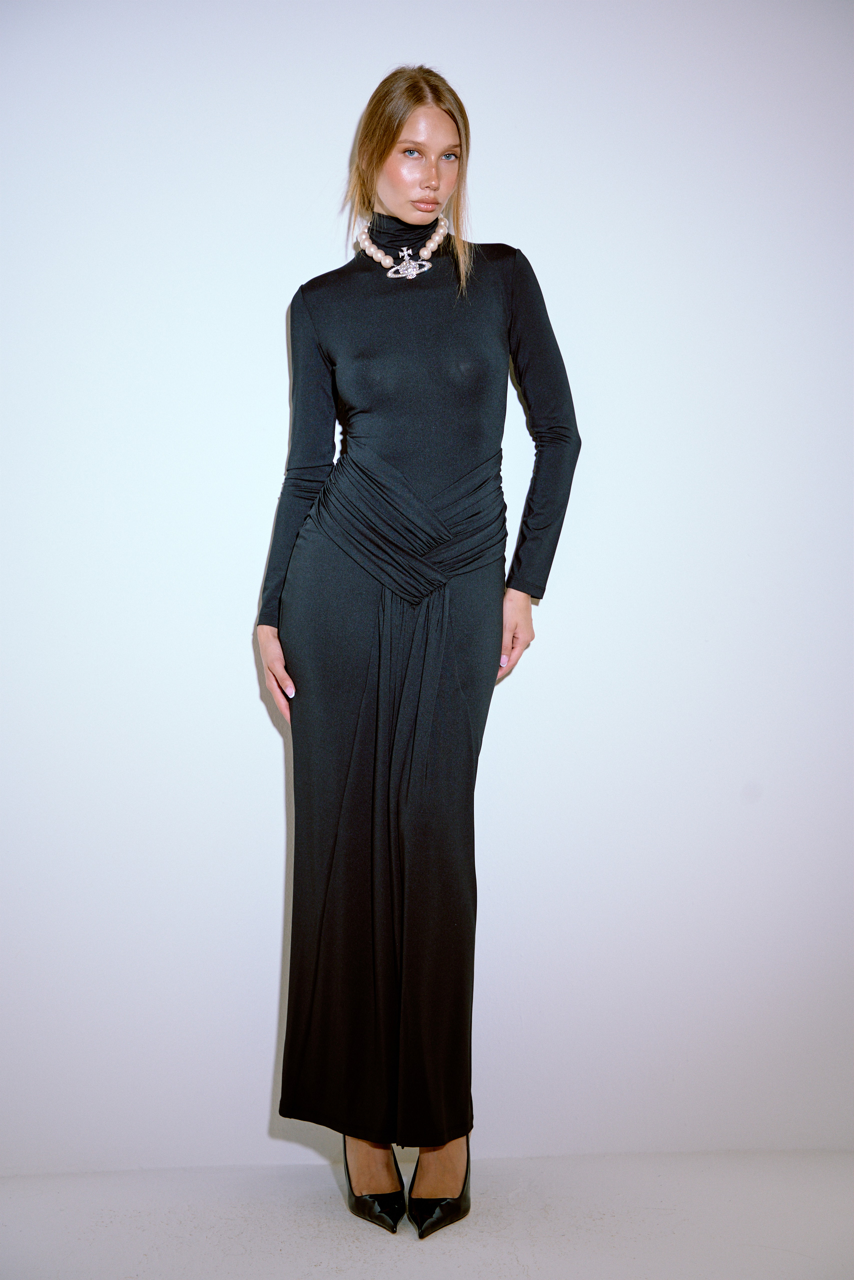 Black Mock Neck Split-Front Maxi Dress with Hidden Zip