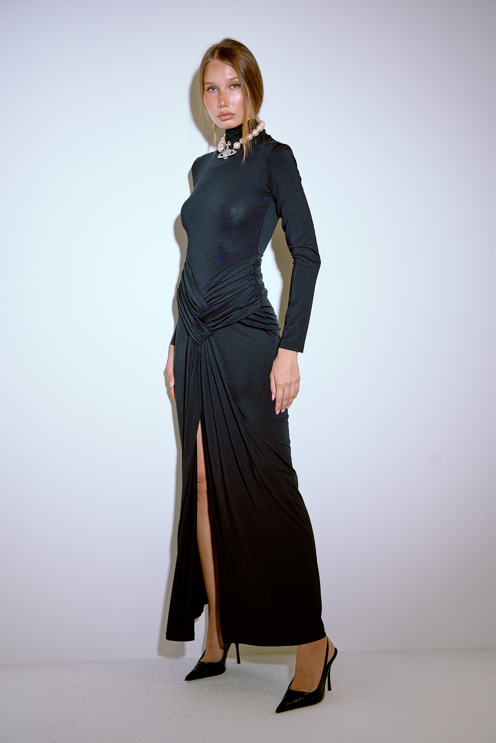 Black Mock Neck Split-Front Maxi Dress with Hidden Zip