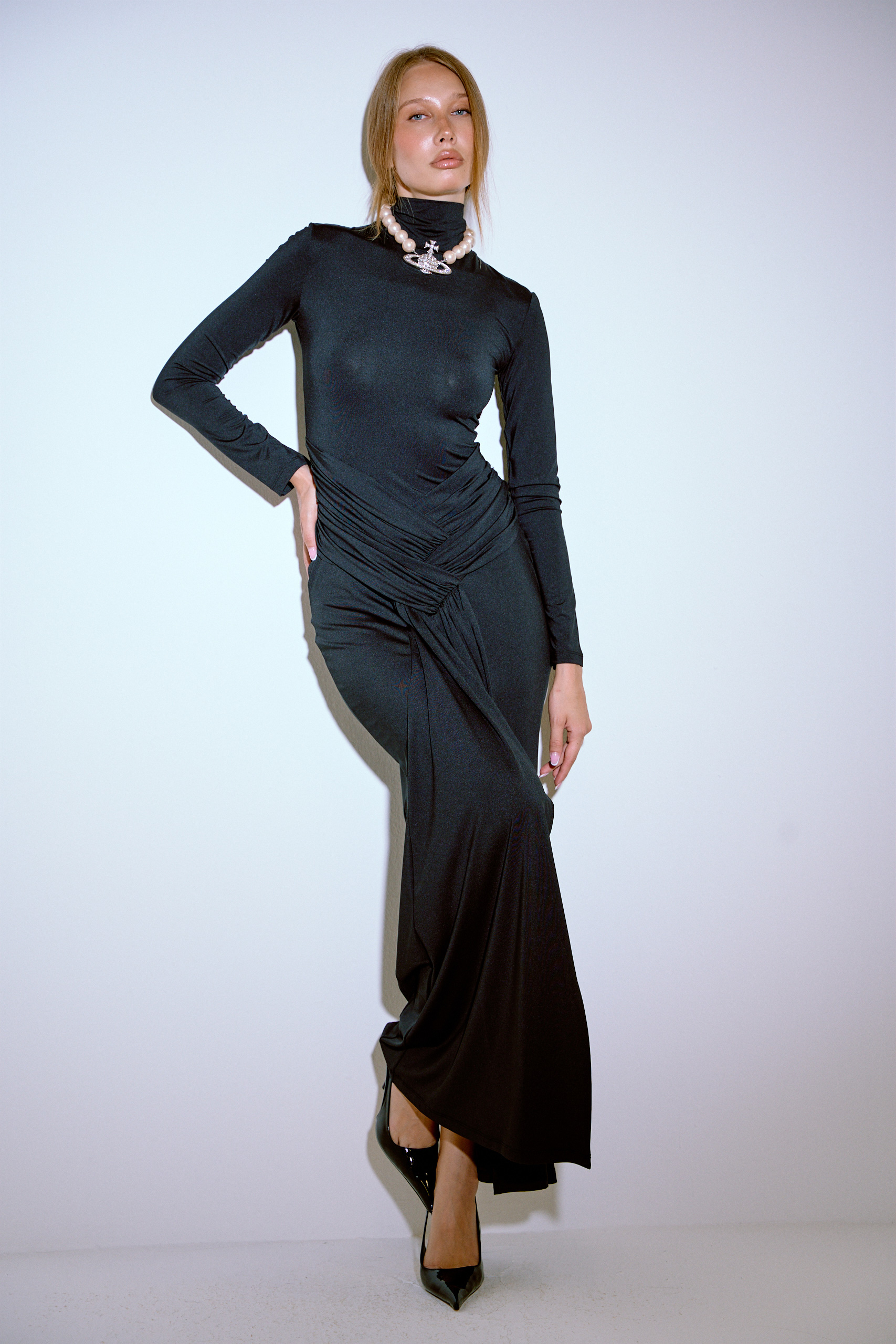 Black Mock Neck Split-Front Maxi Dress with Hidden Zip