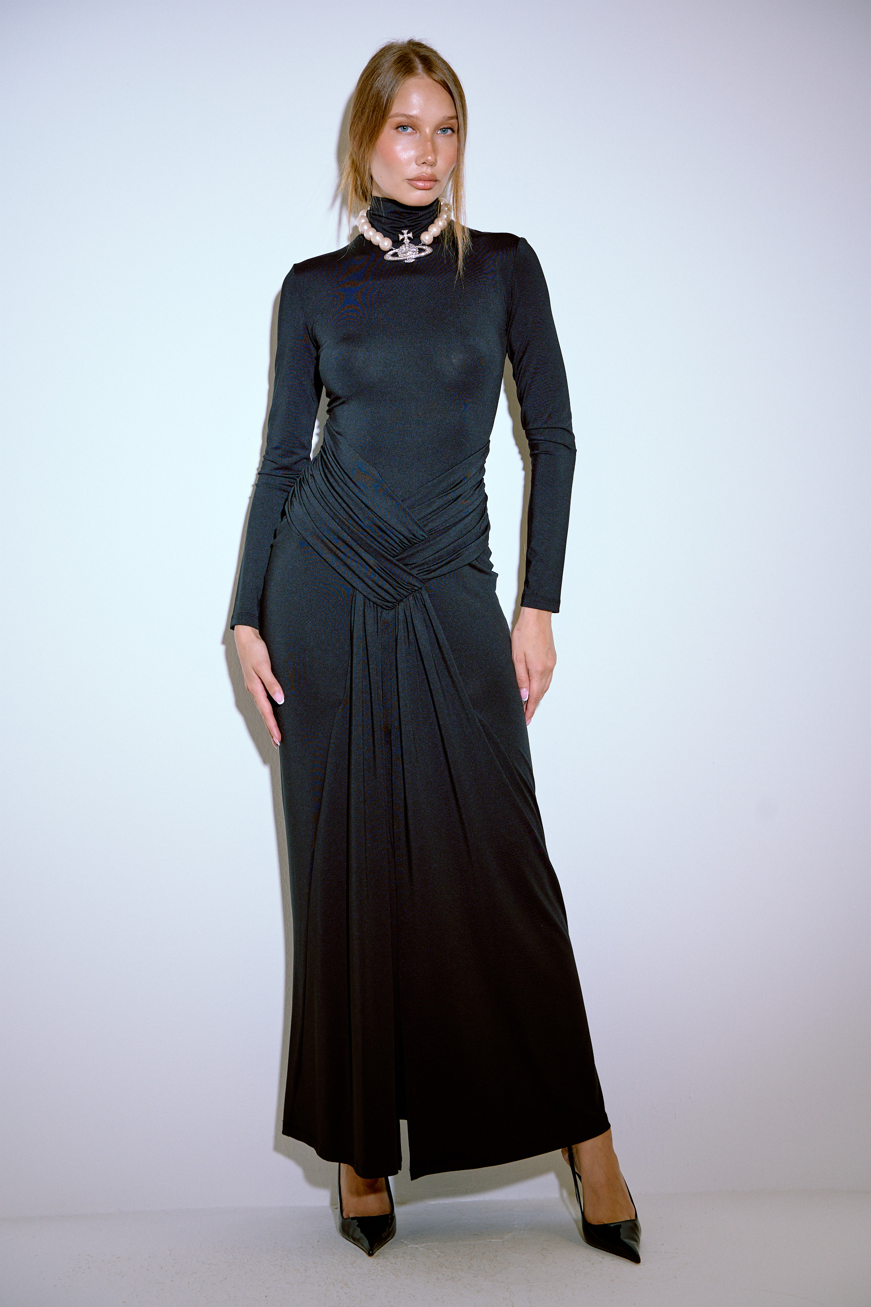 Black Mock Neck Split-Front Maxi Dress with Hidden Zip