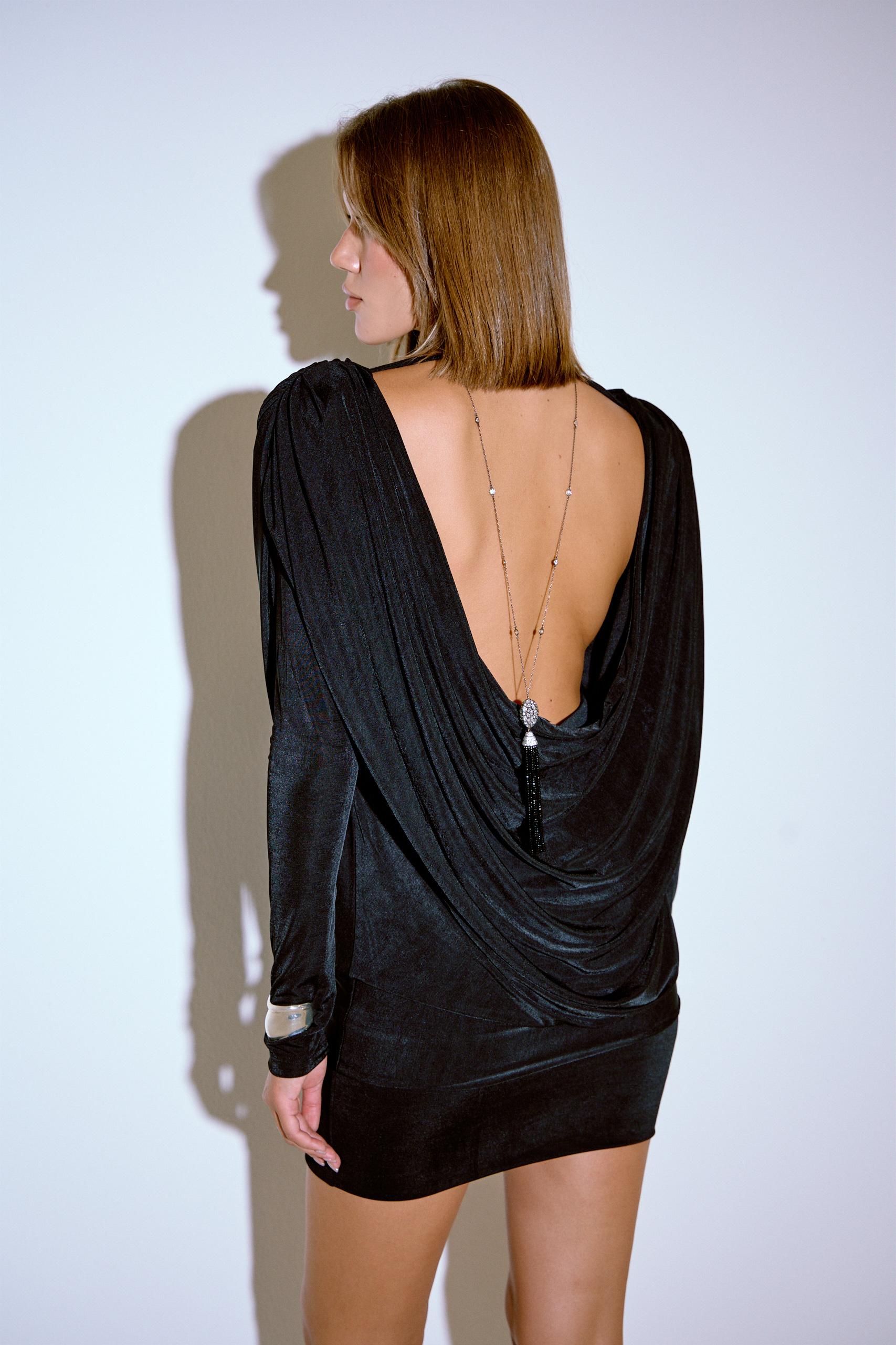Black Backless Long-Sleeve Flowing Dress