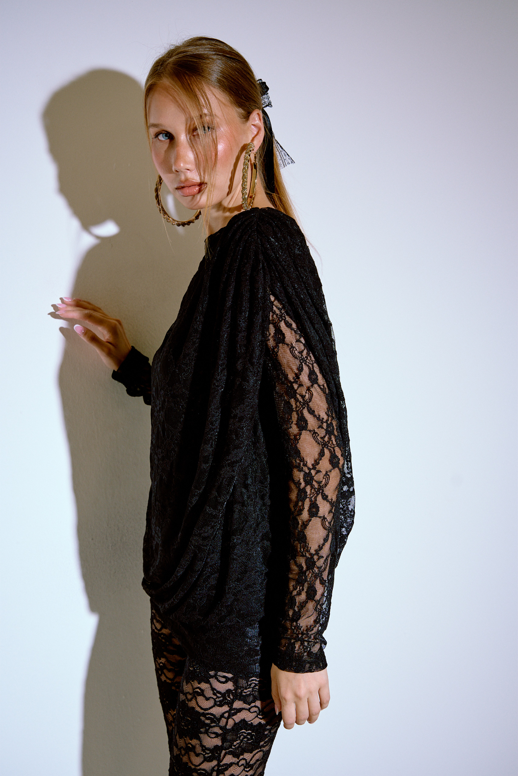 Black Backless Long-Sleeve Tunic with Padded Shoulders