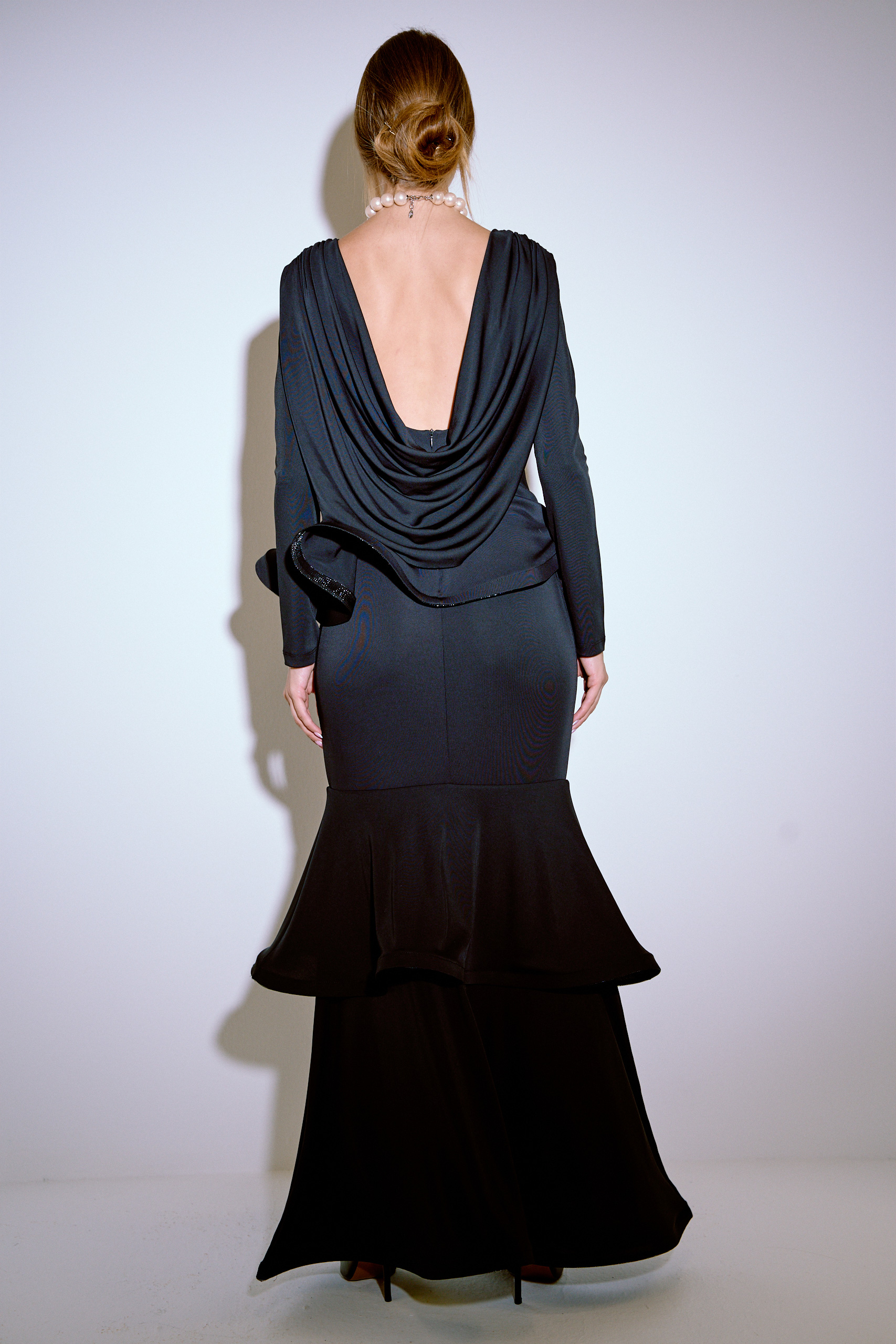 Black Cowl-Back Tiered-Ruffle Maxi Dress