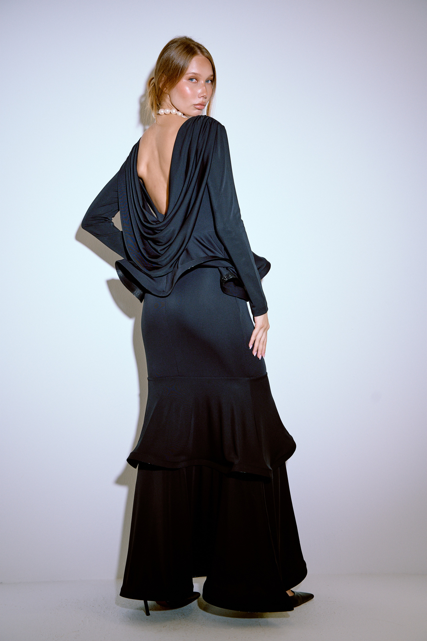 Black Cowl-Back Tiered-Ruffle Maxi Dress
