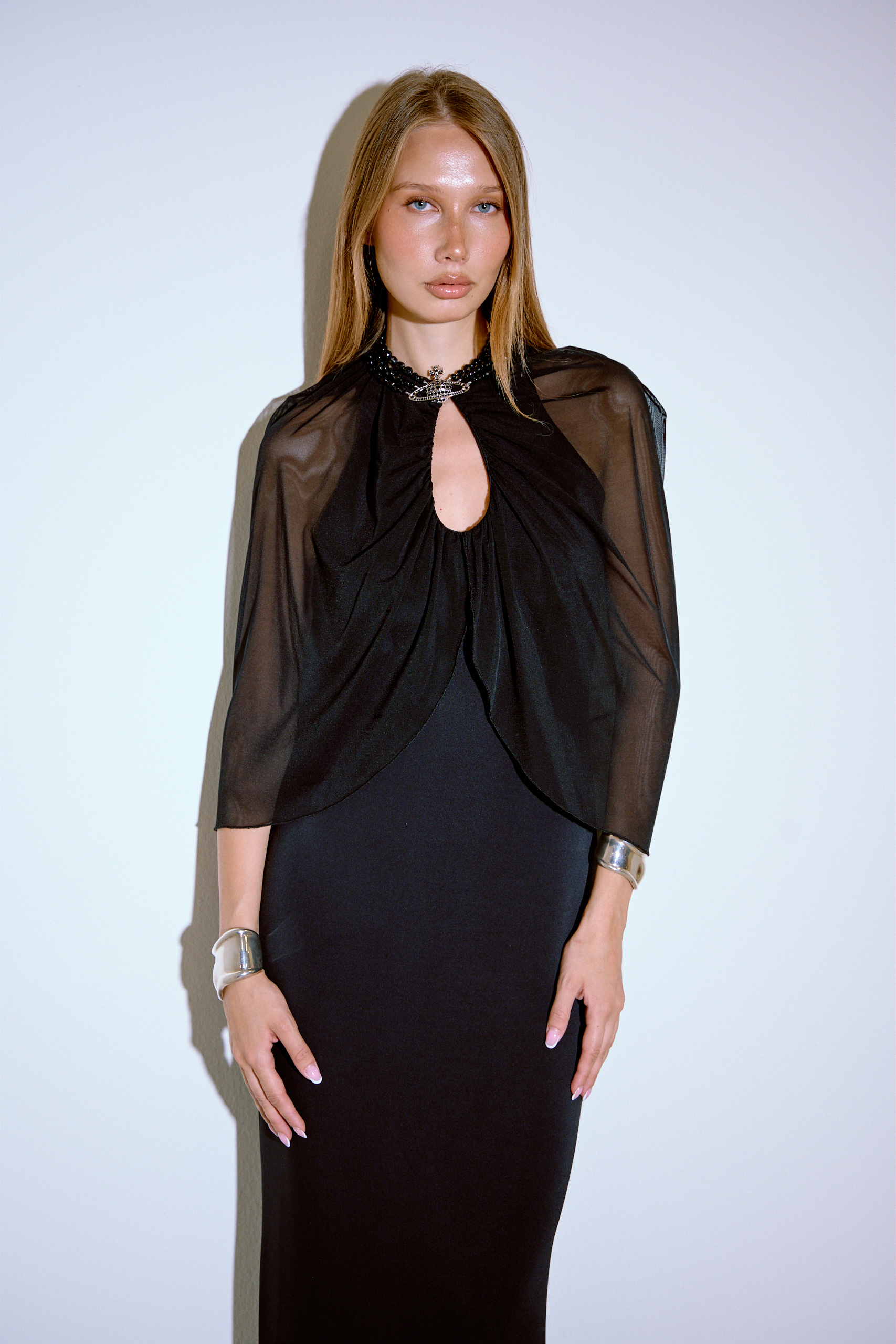 Black Sleeveless Split-Back Maxi Dress with Cape