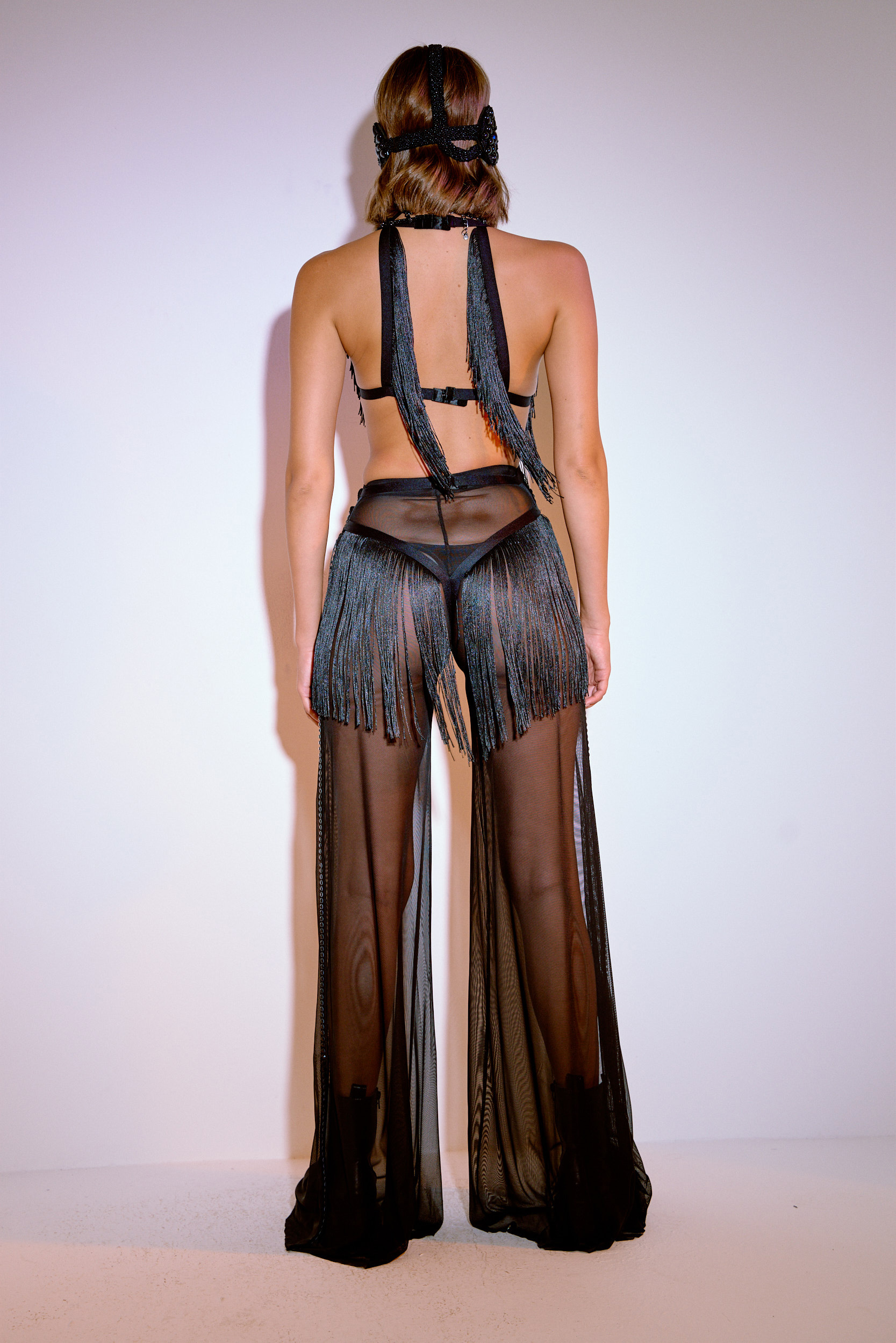 Black Embellished Mesh Pants