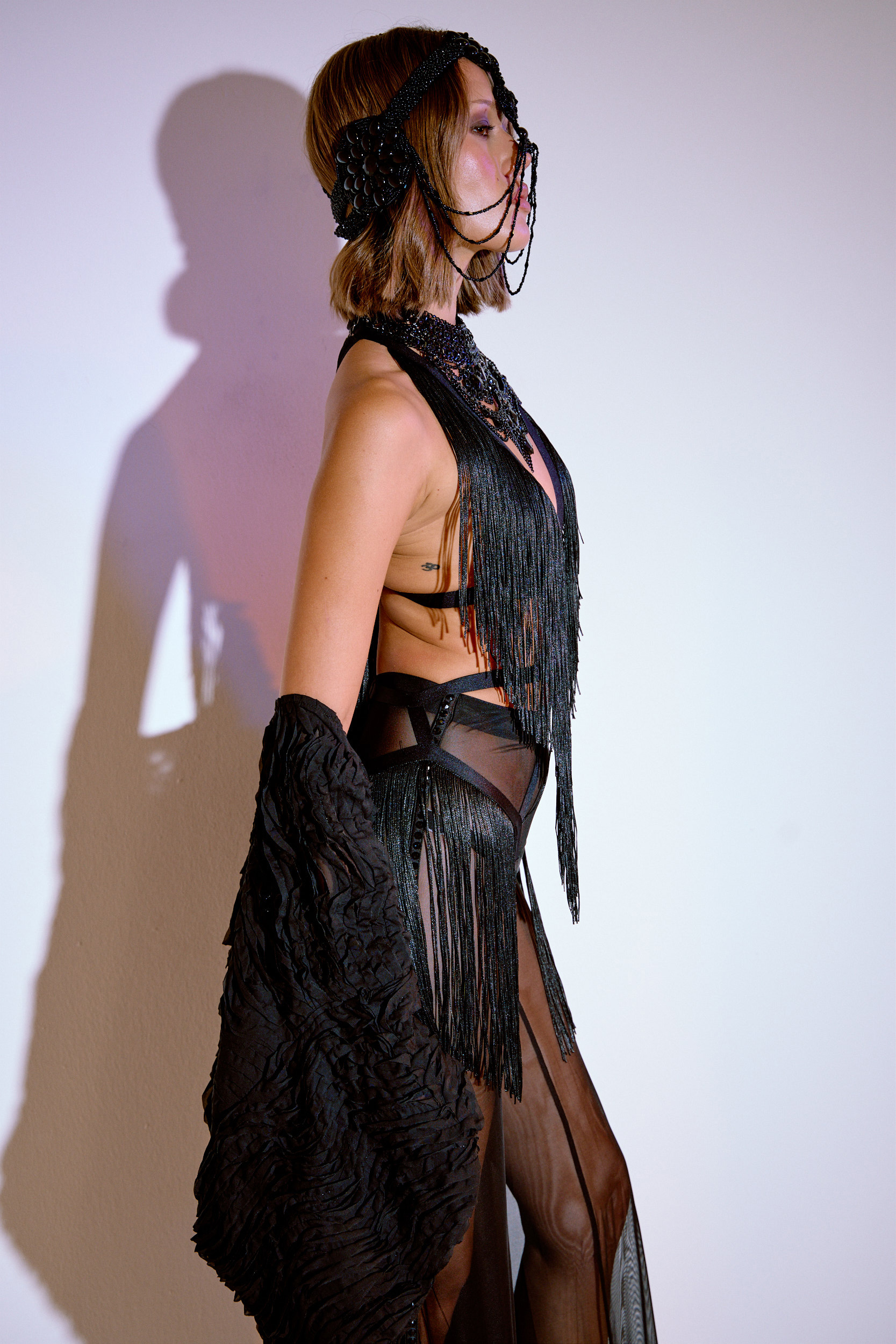 Black Embellished Mesh Pants