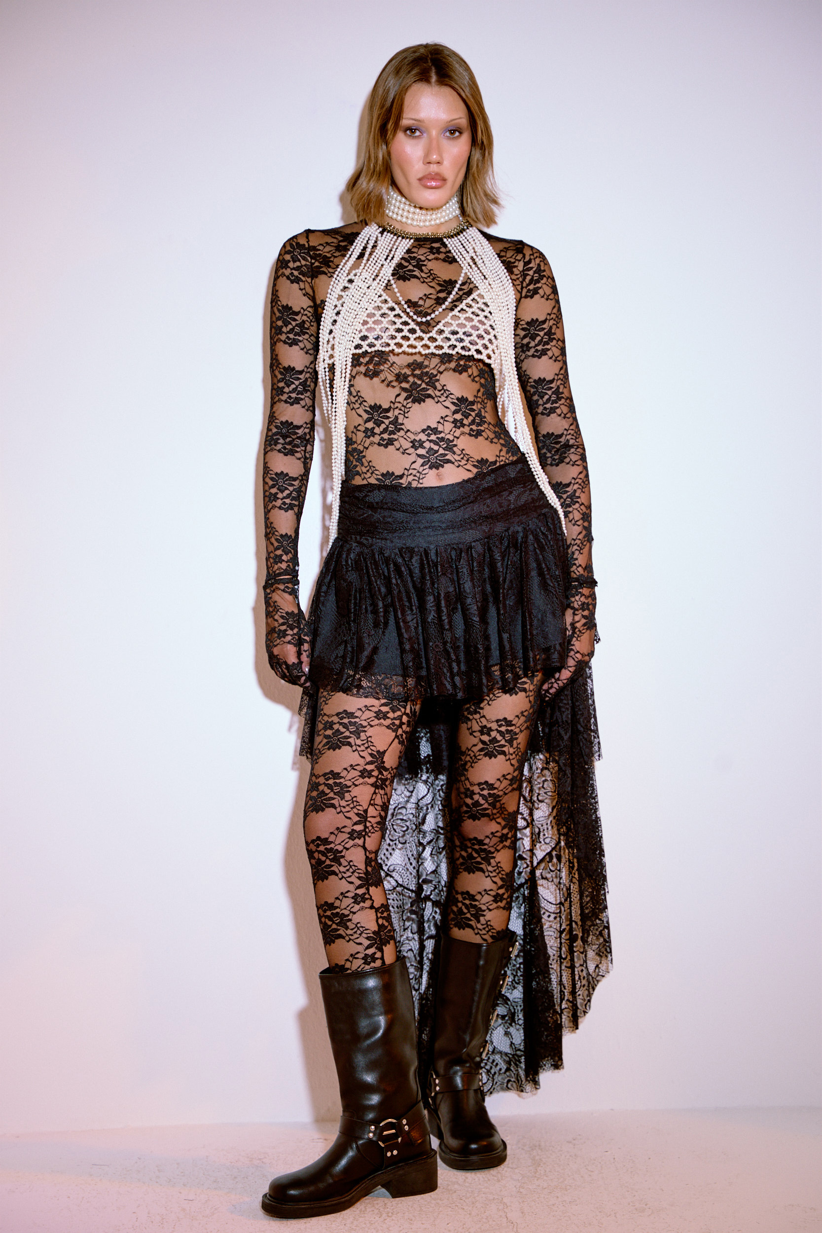 Sheer Black Lace Jumpsuit with Detachable Gloves and Hidden Back Zip