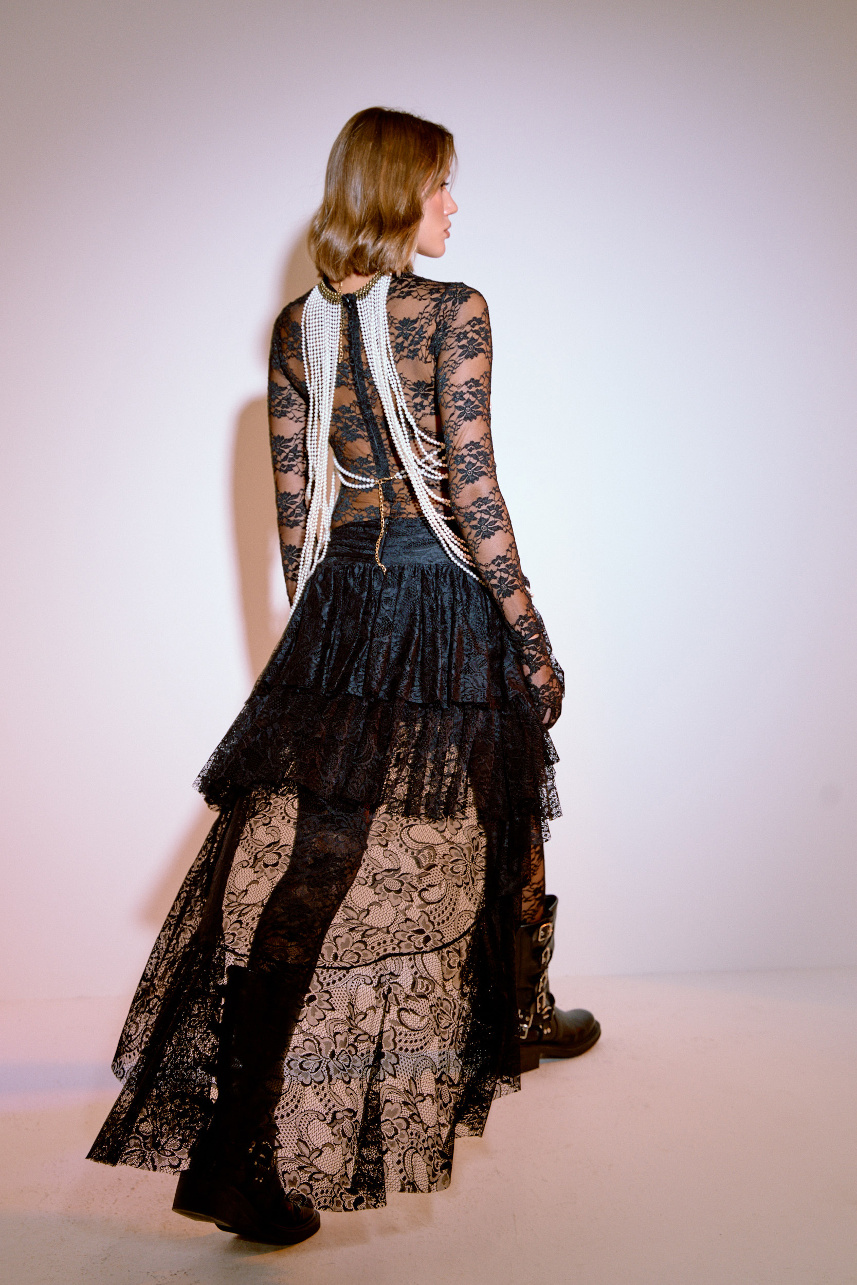 Sheer Black Lace Jumpsuit with Detachable Gloves and Hidden Back Zip